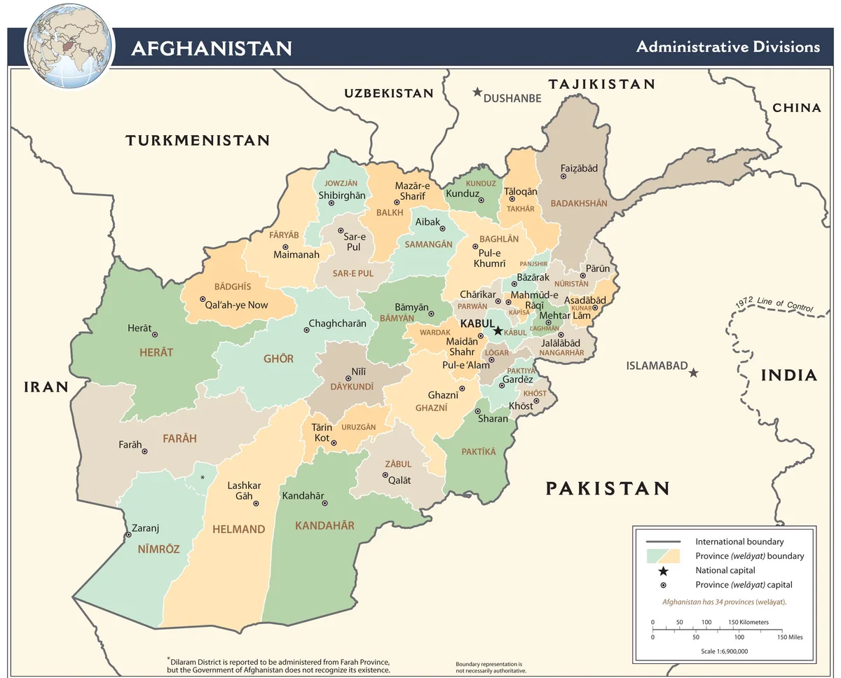 Mapa administrativo de Afganistán con provincias, capitales provinciales, Kabul, Herat, Kandahar, Mazar-e Sharif y países vecinos