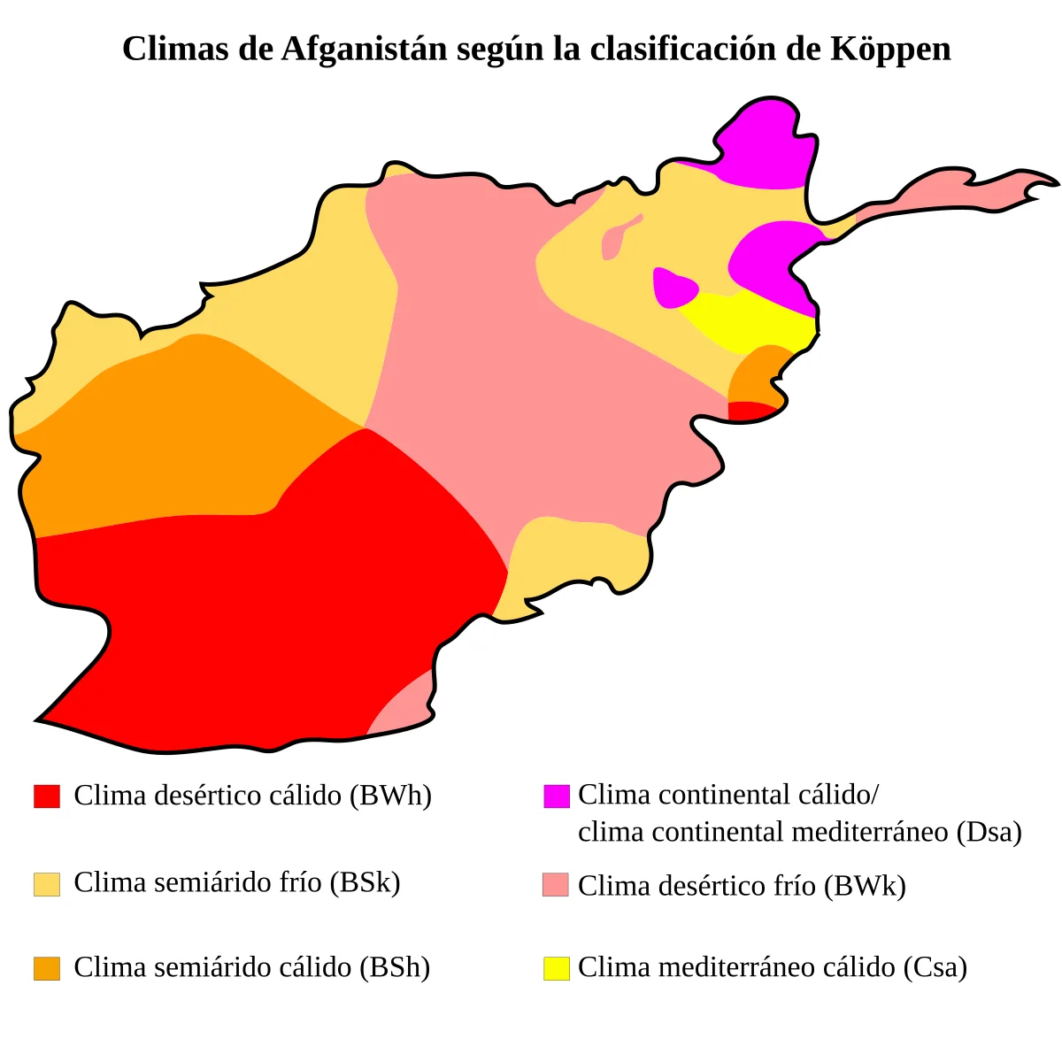 Mapa de climas de Afganistán según Köppen con clima desértico cálido, desértico frío, semiárido frío, semiárido cálido, mediterráneo cálido y continental mediterráneo