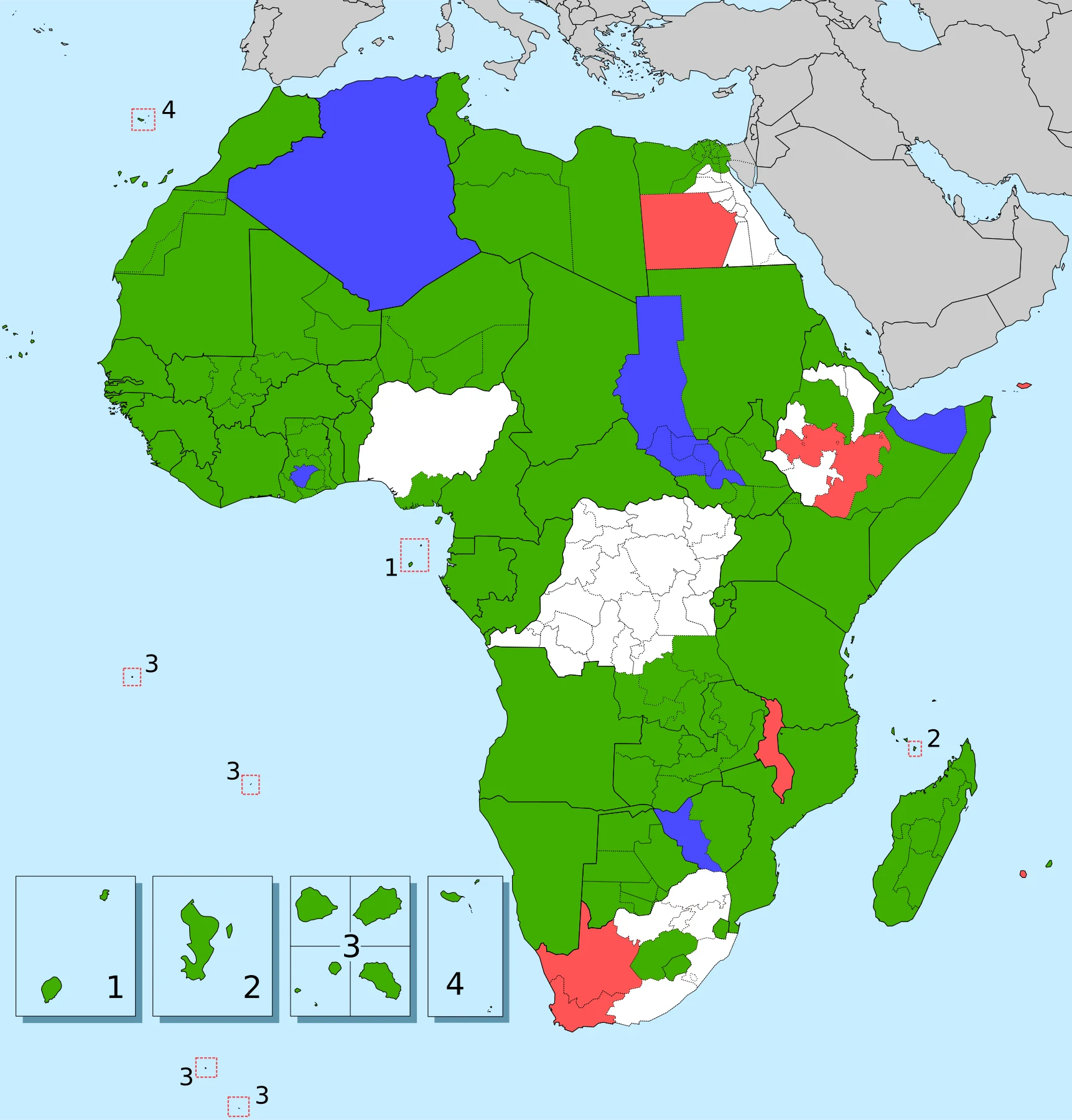 Mapa político de África con estados soberanos y territorios insulares