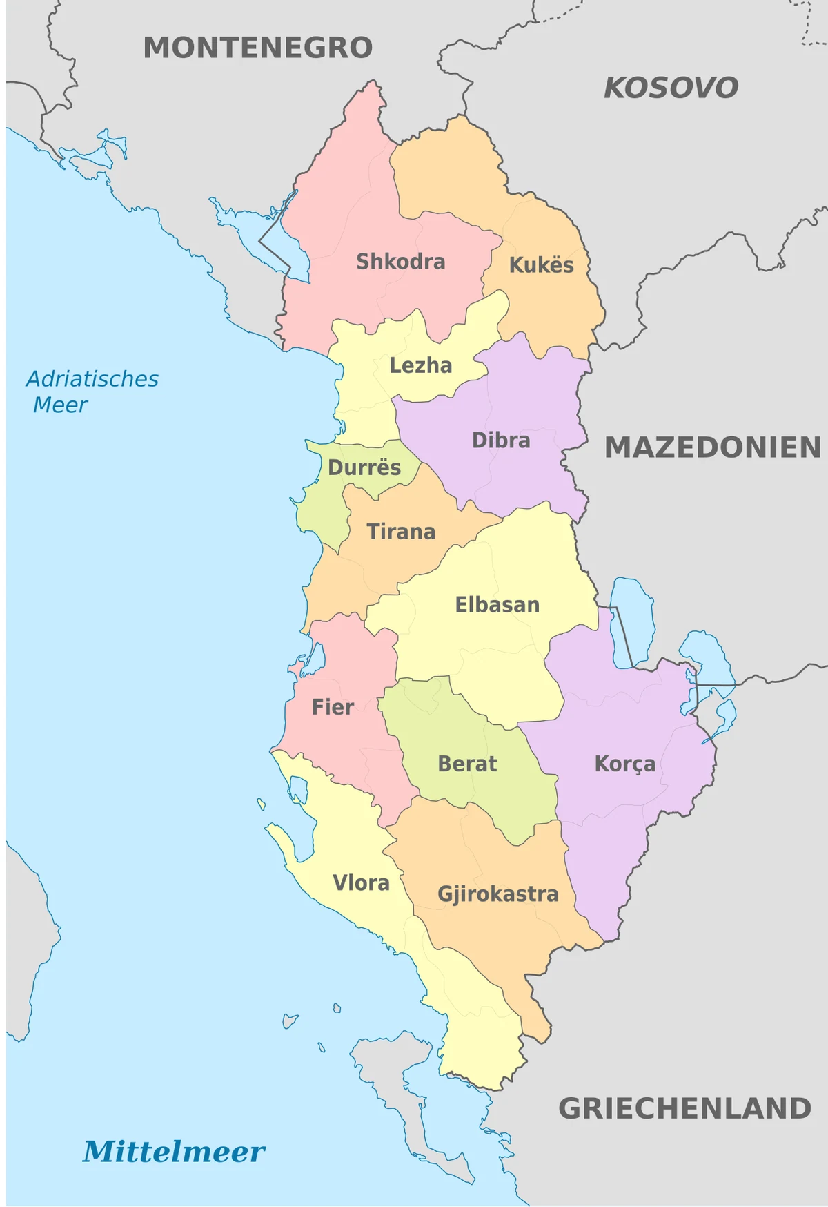 Mapa administrativo de Albania con los condados de Shkodra, Kukes, Lezha, Dibra, Durres, Tirana, Elbasan, Fier, Berat, Korca, Vlora y Gjirokastra