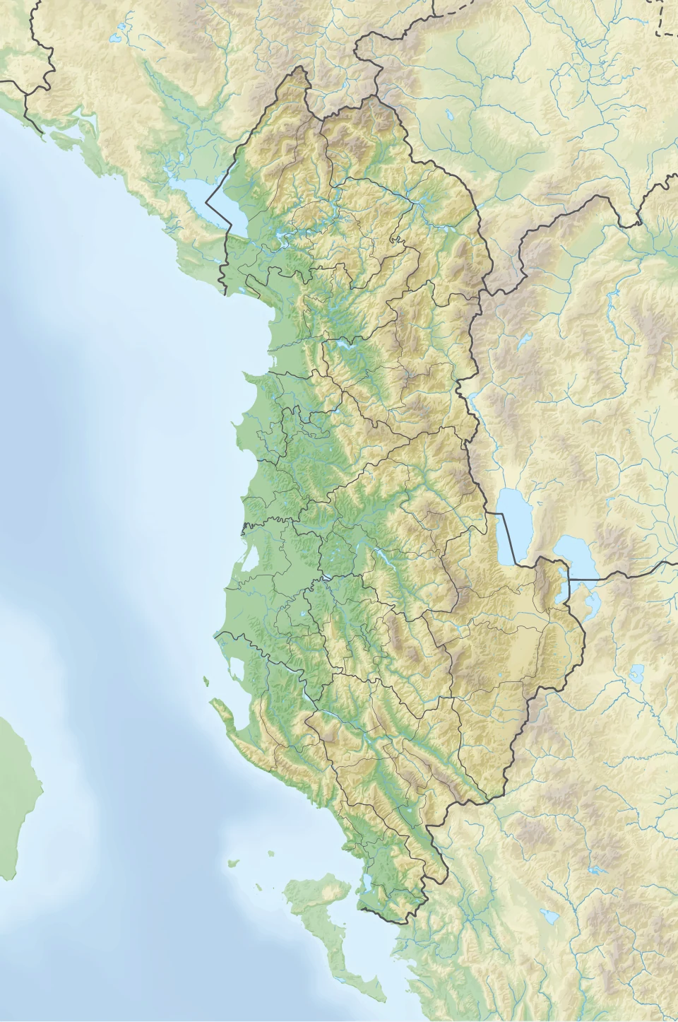Mapa físico de Albania con relieve, costa adriática y jónica, lago de Shkodra, lago Ohrid, lago Prespa y zonas montañosas
