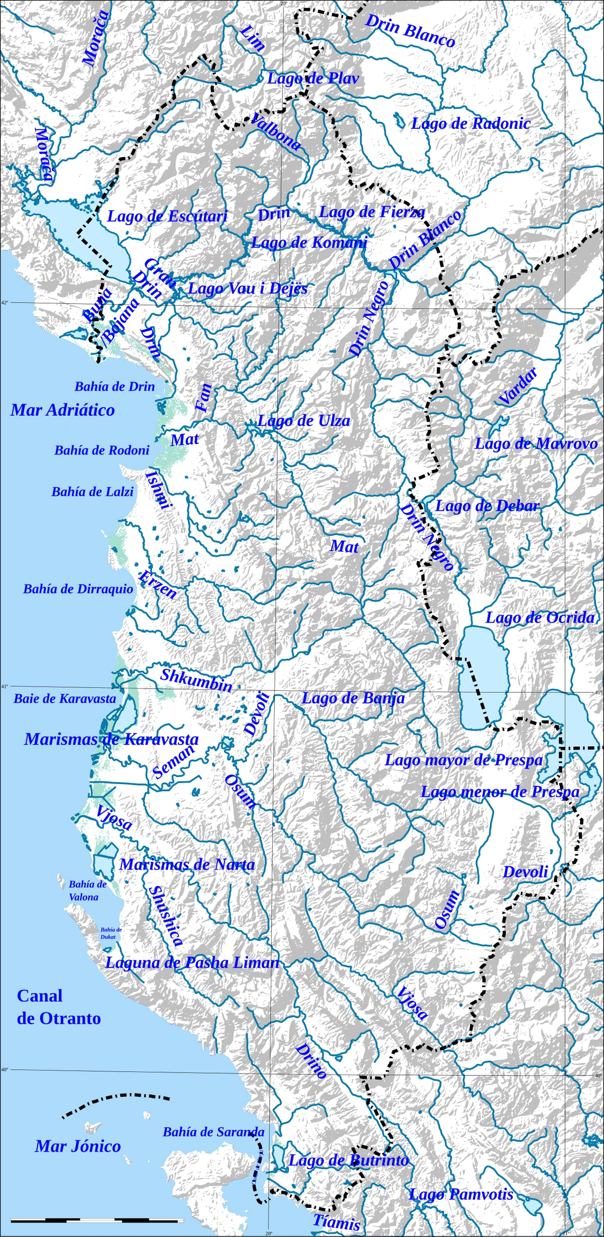 Mapa en español de los principales ríos y lagos de Albania con Drin, Buna, Mat, Shkumbin, Seman, Vjosa, lago de Shkodra, lago Ohrid y lago Prespa