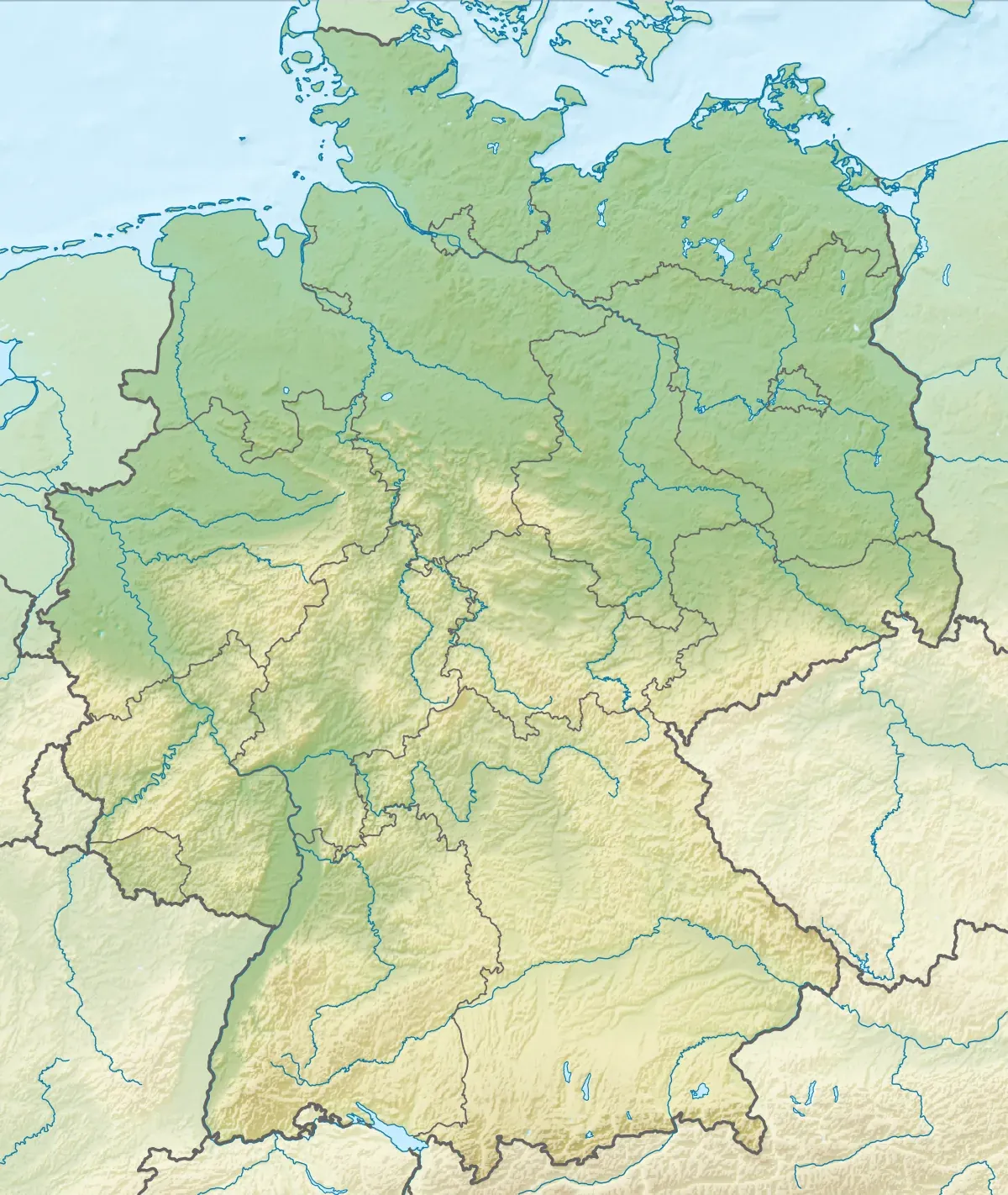 Mapa físico de Alemania con relieve, ríos, costas y fronteras