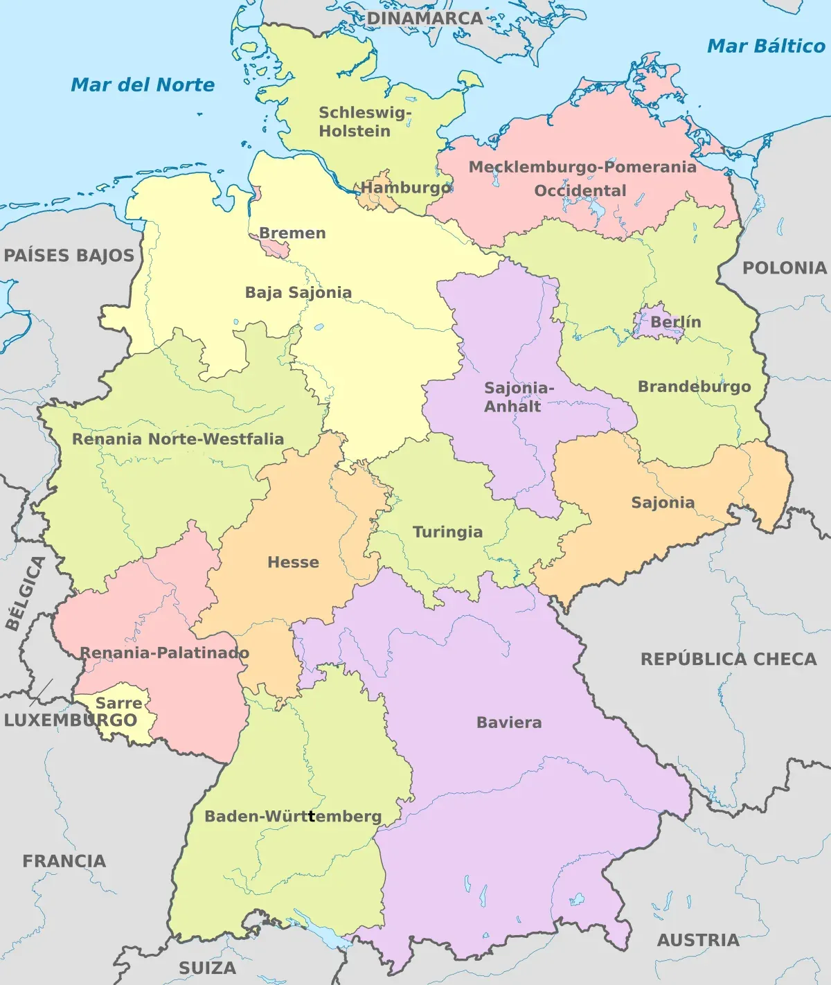 Mapa político de Alemania en español con sus estados federados o Länder