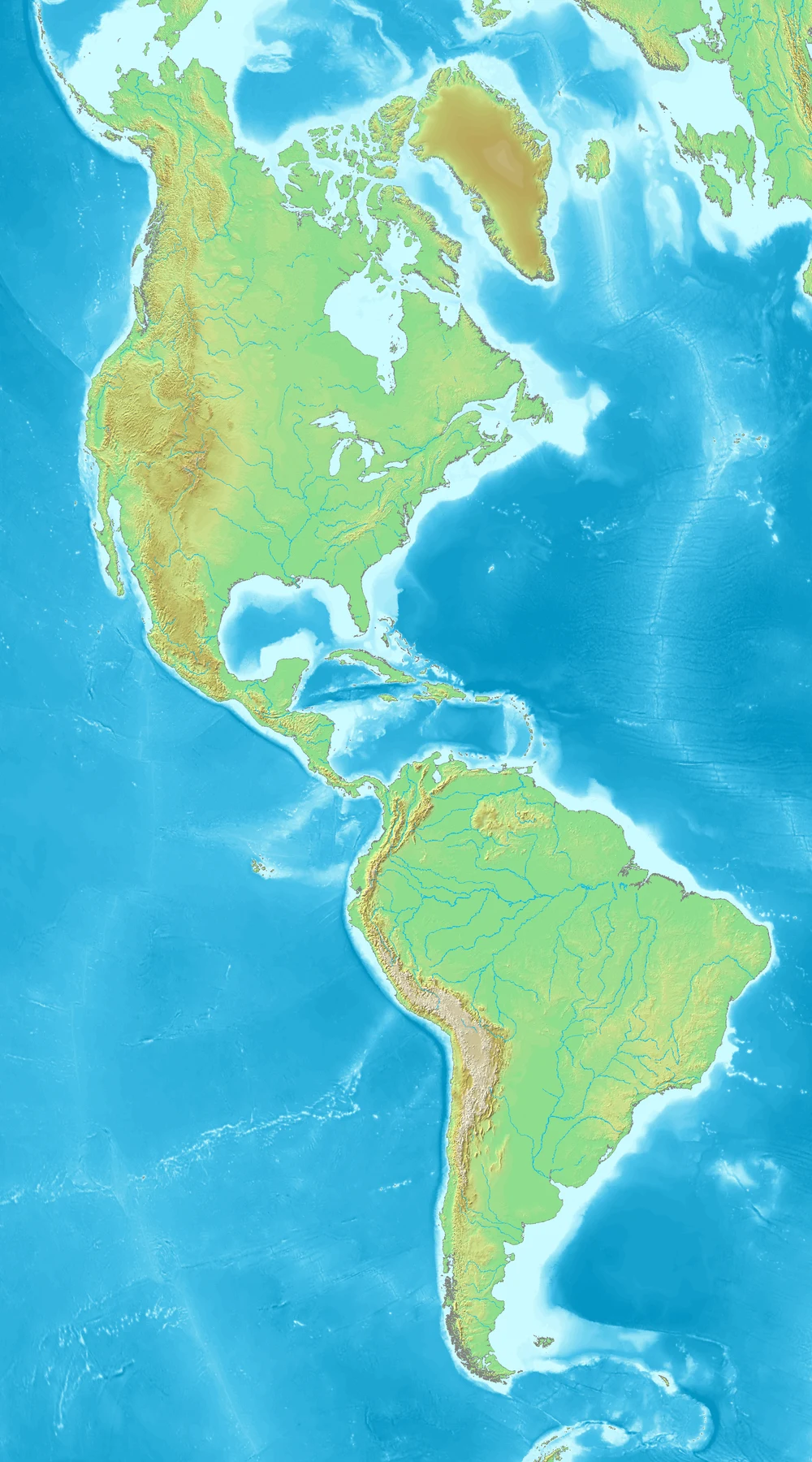 Mapa topográfico de América con relieve, cordilleras y grandes cuencas