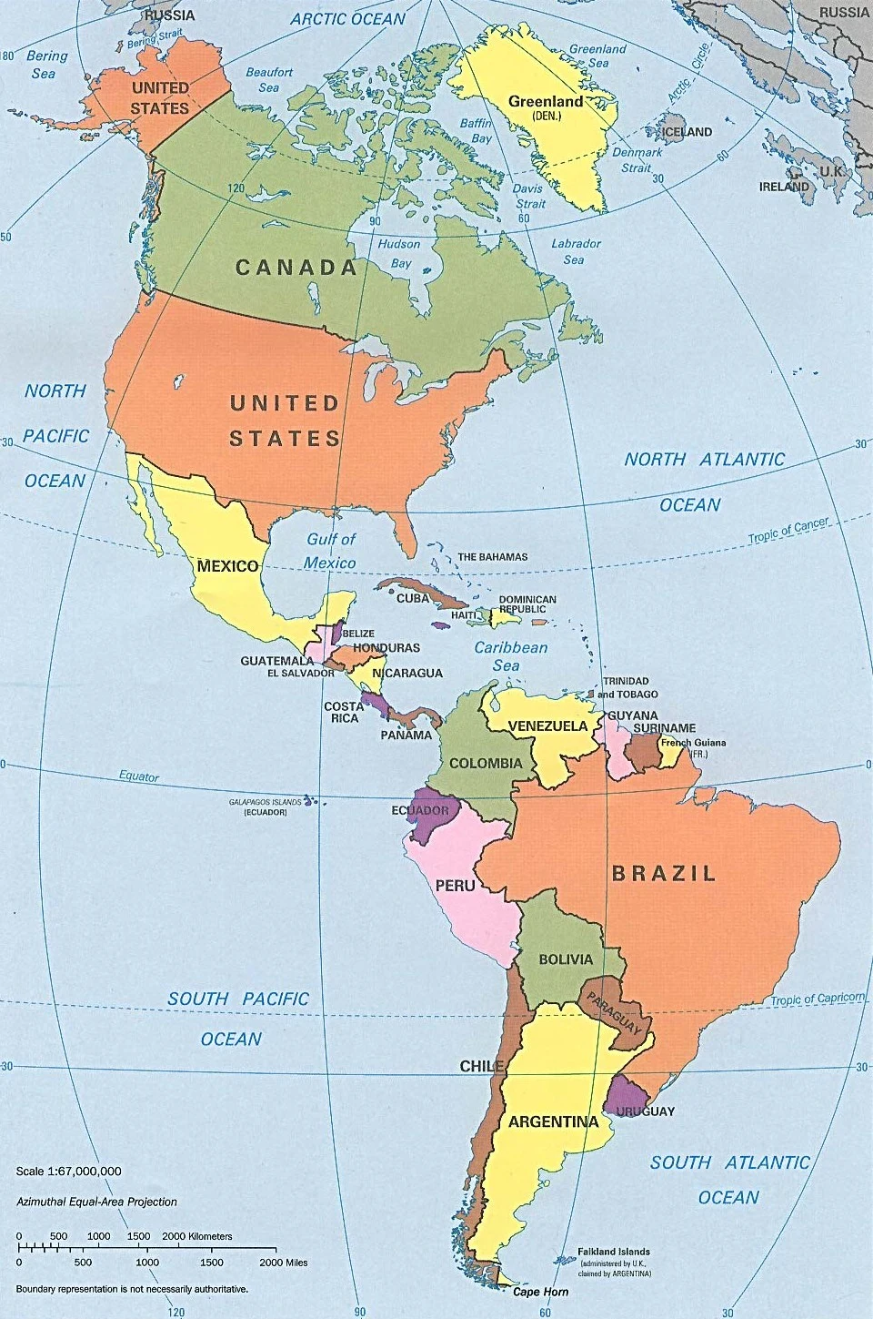 Mapa político clásico de las Américas con países, mares, océanos y ciudades principales