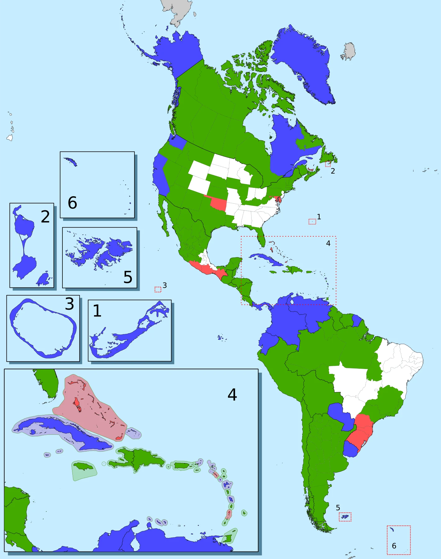 Mapa político de América con estados soberanos, territorios dependientes e islas