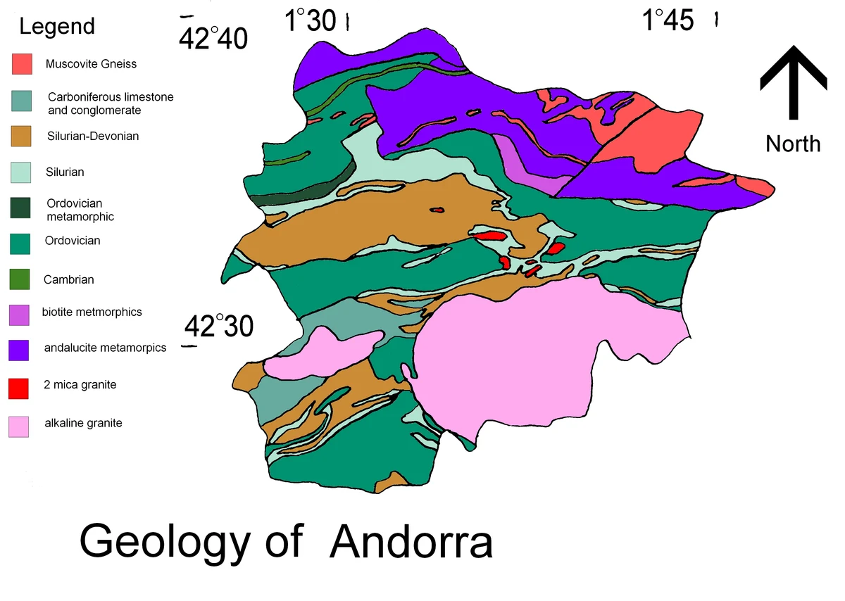 Mapa geologico de Andorra con unidades de gneis, calizas, conglomerados, materiales siluricos, ordovicicos, cambrianos, metamorficos y granitos