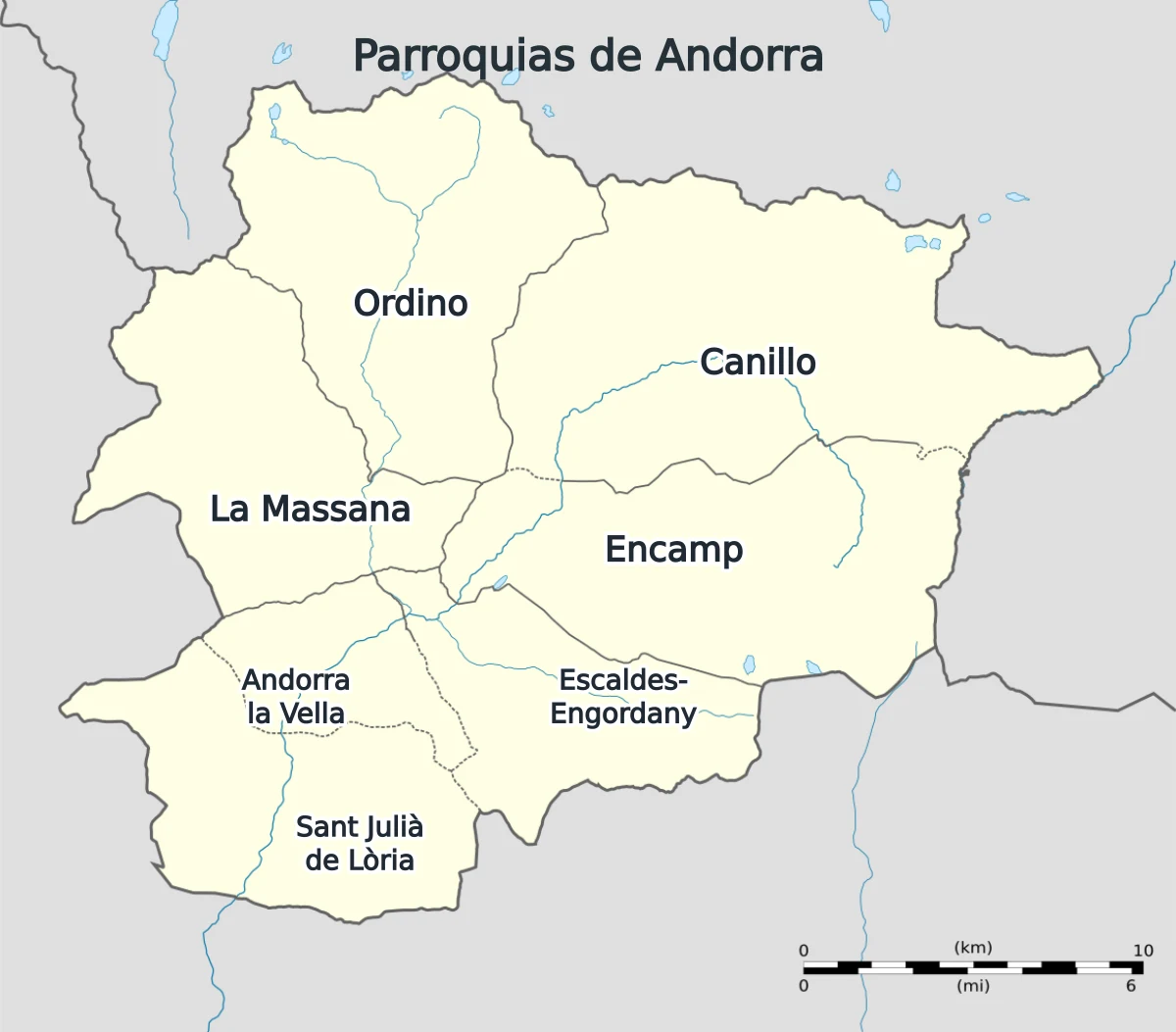 Mapa de Andorra con las siete parroquias: Canillo, Encamp, Ordino, La Massana, Andorra la Vella, Escaldes-Engordany y Sant Julia de Loria