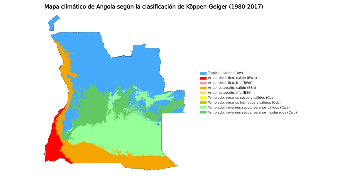 Mapa climático de Angola en español según Köppen-Geiger 1980-2017 con clima tropical de sabana, zonas áridas de estepa y desierto, y climas templados de invierno seco en el interior
