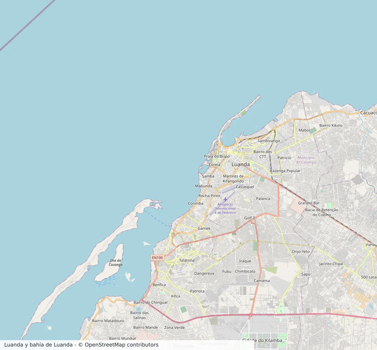 Mapa urbano de Luanda con la bahía de Luanda, Ilha de Luanda, centro de Luanda, Samba, Talatona, Benfica, Cazenga, Viana, aeropuerto internacional 4 de Fevereiro y vías principales