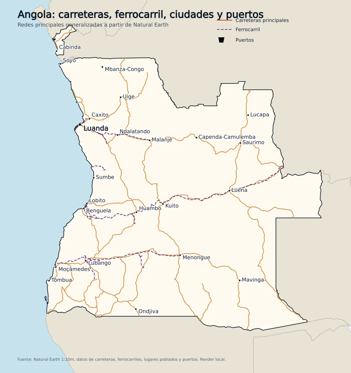 Mapa de Angola con carreteras principales, líneas de ferrocarril, ciudades y puertos como Luanda, Lobito, Namibe, Soyo, Cabinda y Ambriz