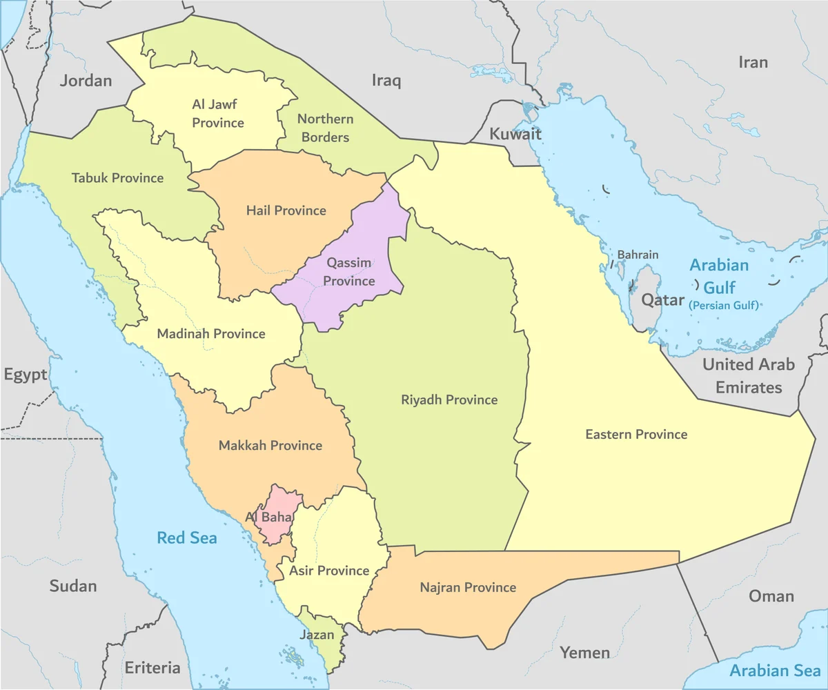 Mapa administrativo de Arabia Saudita con las 13 regiones oficiales y países vecinos