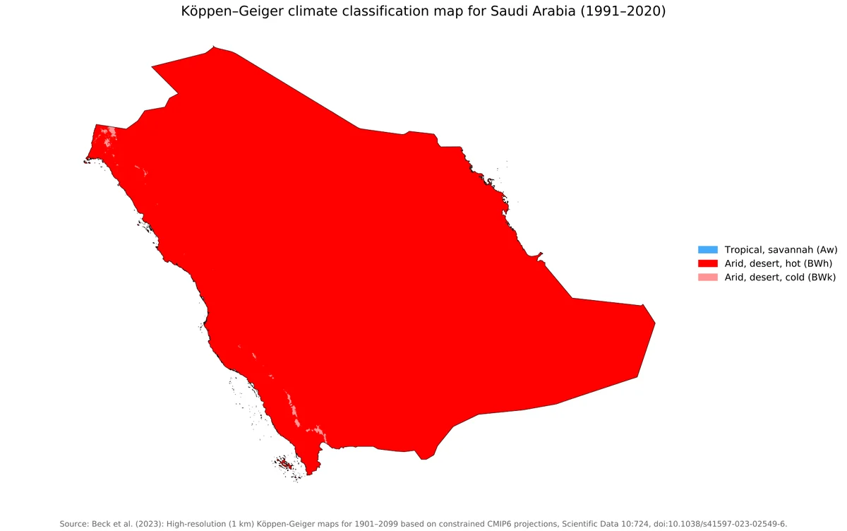 Mapa Köppen-Geiger de Arabia Saudita 1991-2020 con clima desértico cálido dominante y zonas semiáridas locales