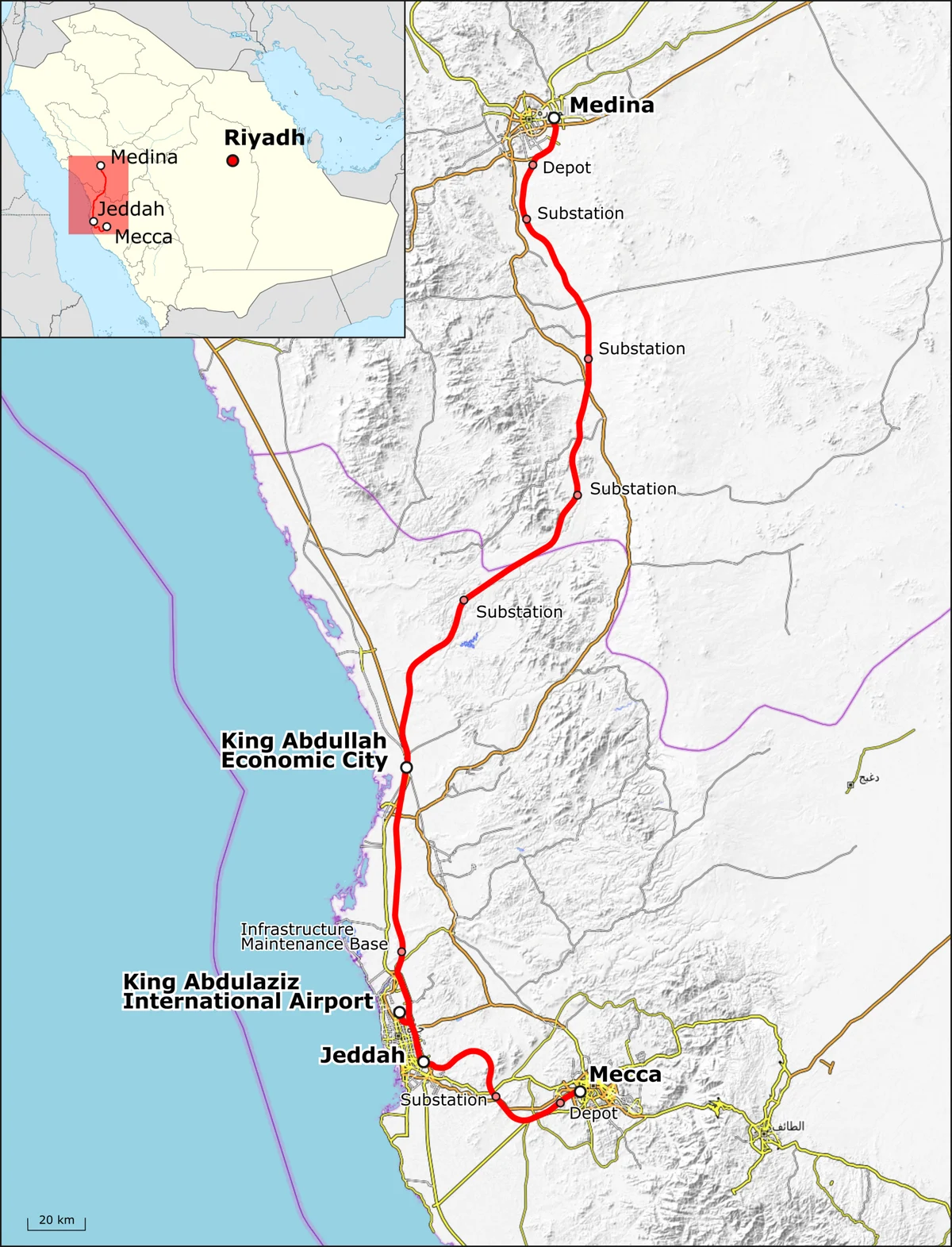 Mapa del ferrocarril Haramain entre La Meca, Yeda, el aeropuerto Rey Abdulaziz, King Abdullah Economic City y Medina