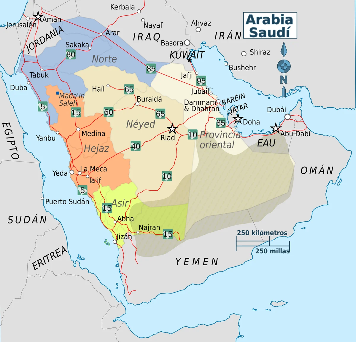 Mapa de Arabia Saudita en español con Hiyaz, Néyed, Asir, Norte, provincia oriental, ciudades y carreteras principales