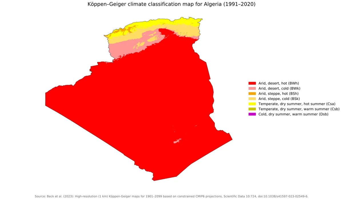 Mapa de Argelia con clasificación climática Köppen-Geiger 1991-2020, predominio de clima desértico cálido y franjas mediterráneas en el norte