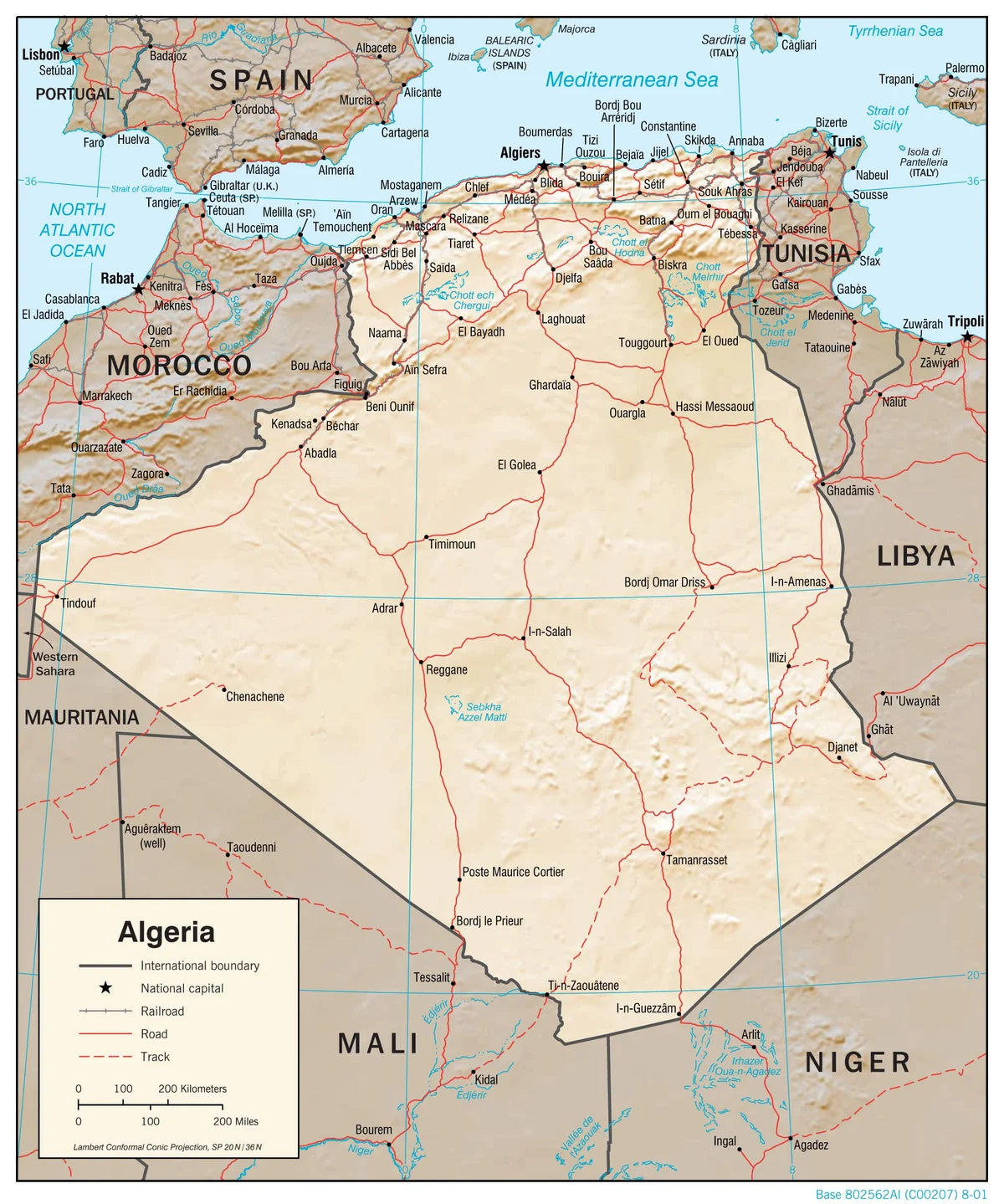 Mapa físico de Argelia con relieve, Atlas, Sahara, Hoggar, ciudades, carreteras y países vecinos
