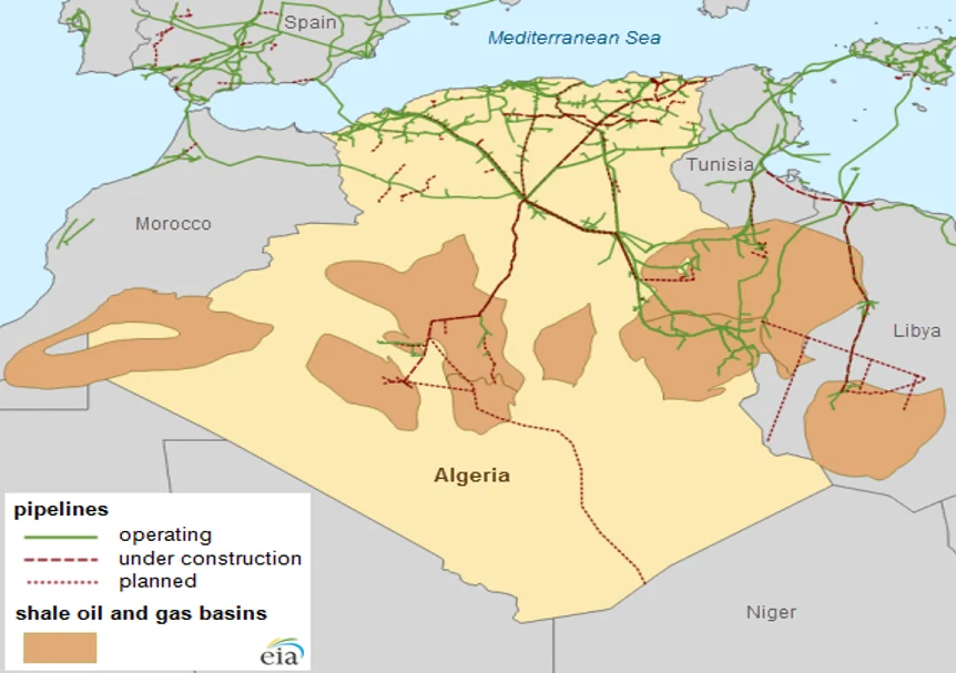 Mapa de Argelia con cuencas de shale oil y shale gas, oleoductos y gasoductos operativos, en construcción y planificados