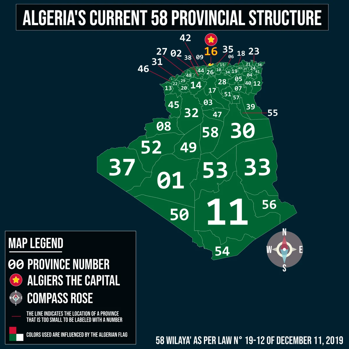 Mapa de Argelia con sus 58 wilayas numeradas y Argel señalada como capital