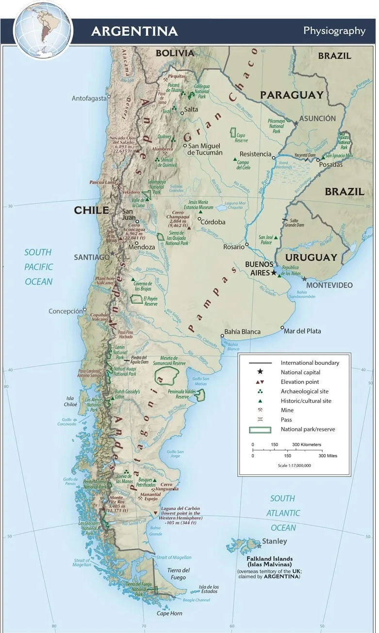 Mapa físico de Argentina con Andes, Patagonia, Pampas, Chaco, Mesopotamia, ríos Paraná, Uruguay y Colorado, y Tierra del Fuego