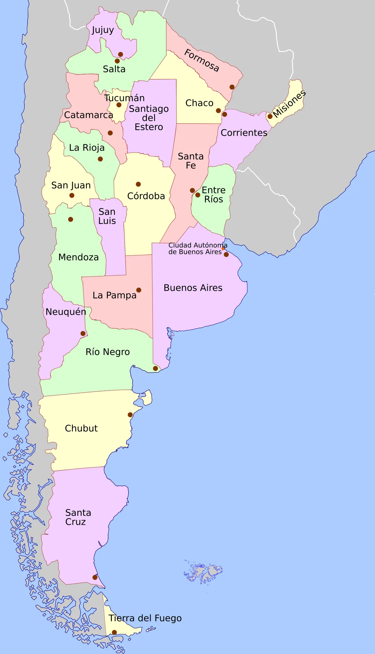 Mapa político de Argentina con nombres de provincias y Ciudad Autónoma de Buenos Aires