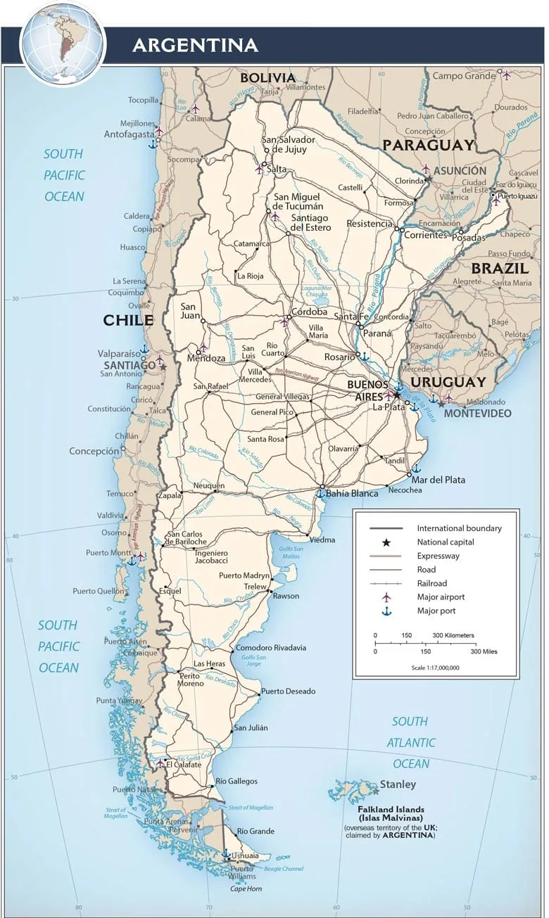 Mapa de transporte de Argentina con carreteras, ferrocarril, aeropuertos, puertos, Buenos Aires, Córdoba, Rosario, Mendoza y Patagonia