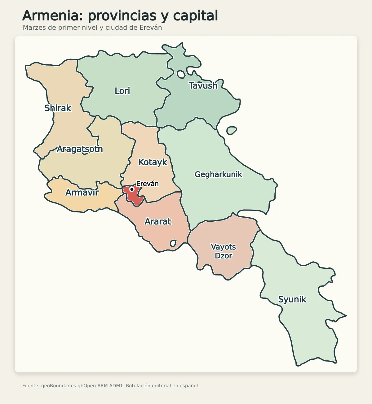 Mapa administrativo de Armenia con las provincias de Shirak, Lori, Tavush, Aragatsotn, Armavir, Kotayk, Ararat, Gegharkunik, Vayots Dzor, Syunik y la ciudad de Ereván