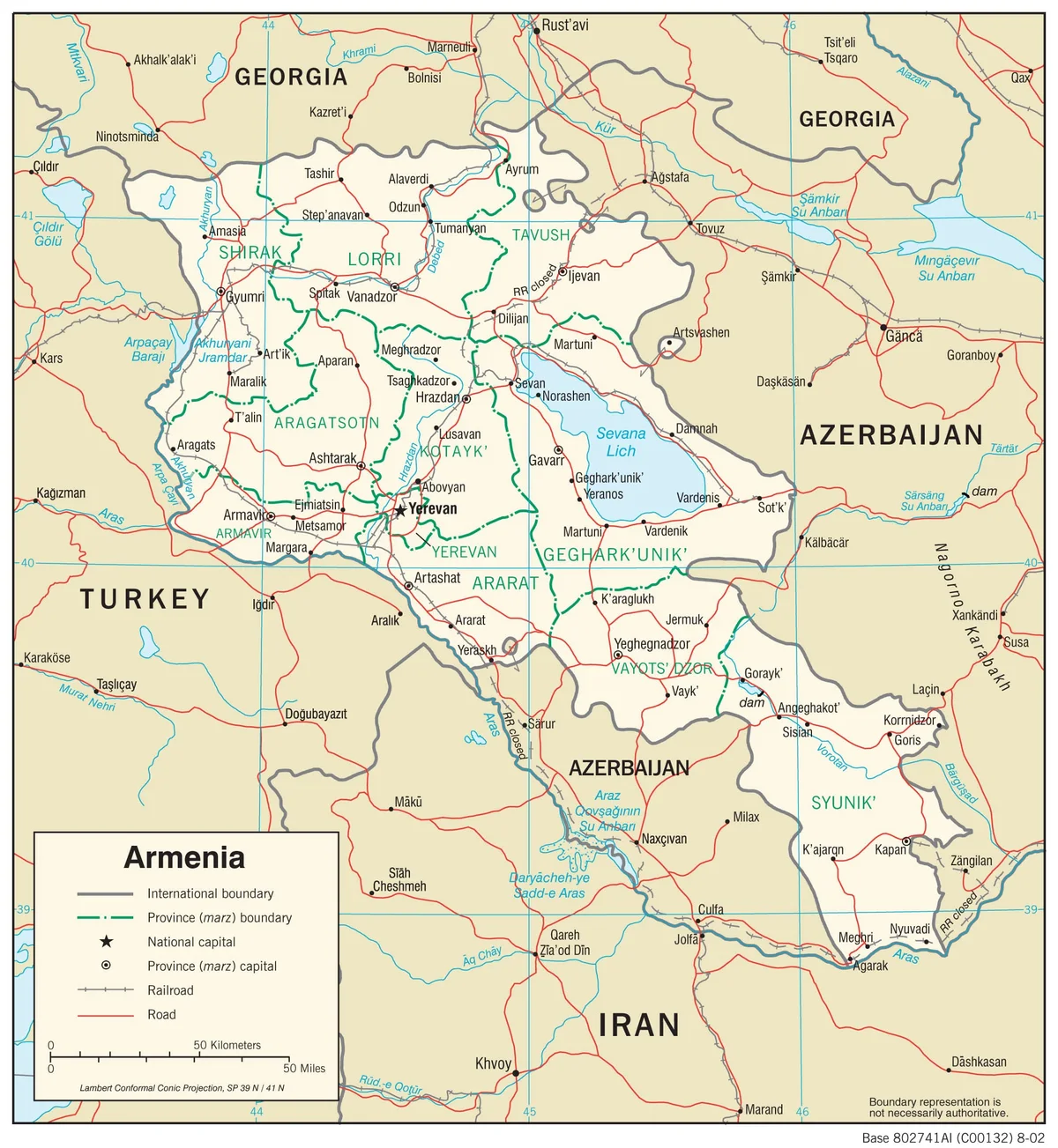Mapa de transporte de Armenia con carreteras, ferrocarril, Ereván, Gyumri, Vanadzor, Dilijan, Seván, Goris, Kapan, Meghri y pasos hacia Georgia e Irán