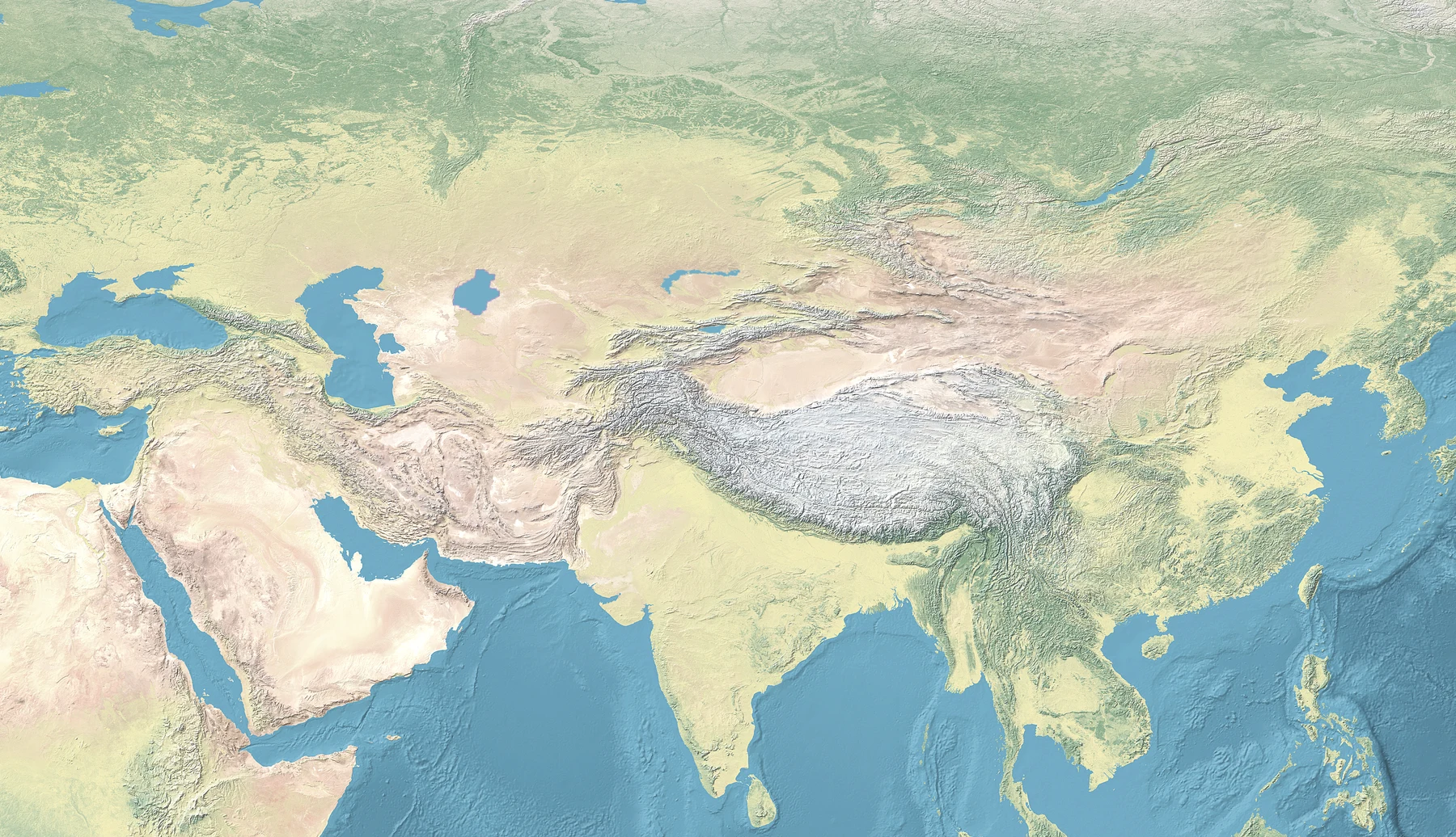Mapa físico de Asia con montañas, altiplanos, desiertos y grandes cuencas