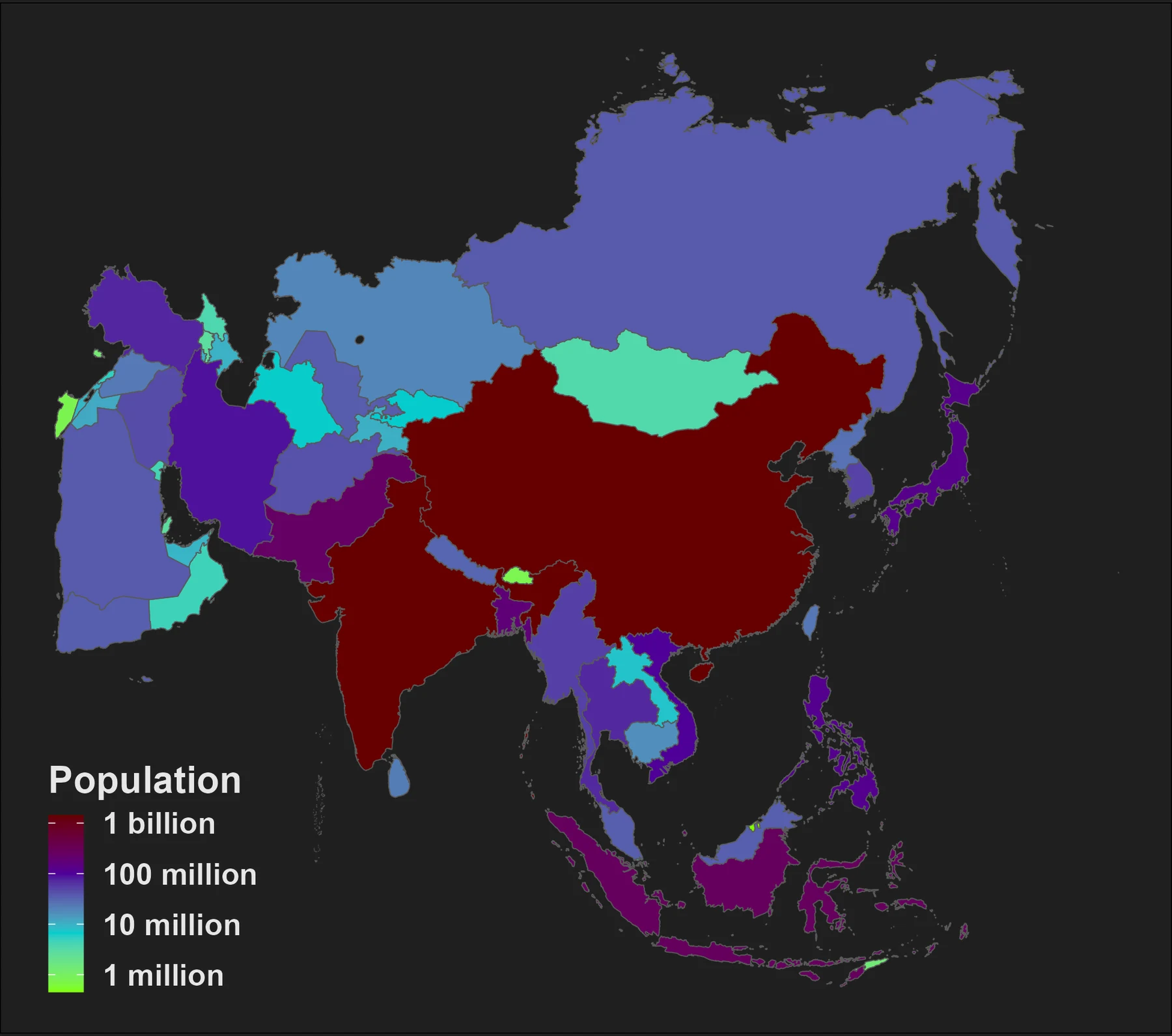 Mapa de Asia por población de países con gradación de color