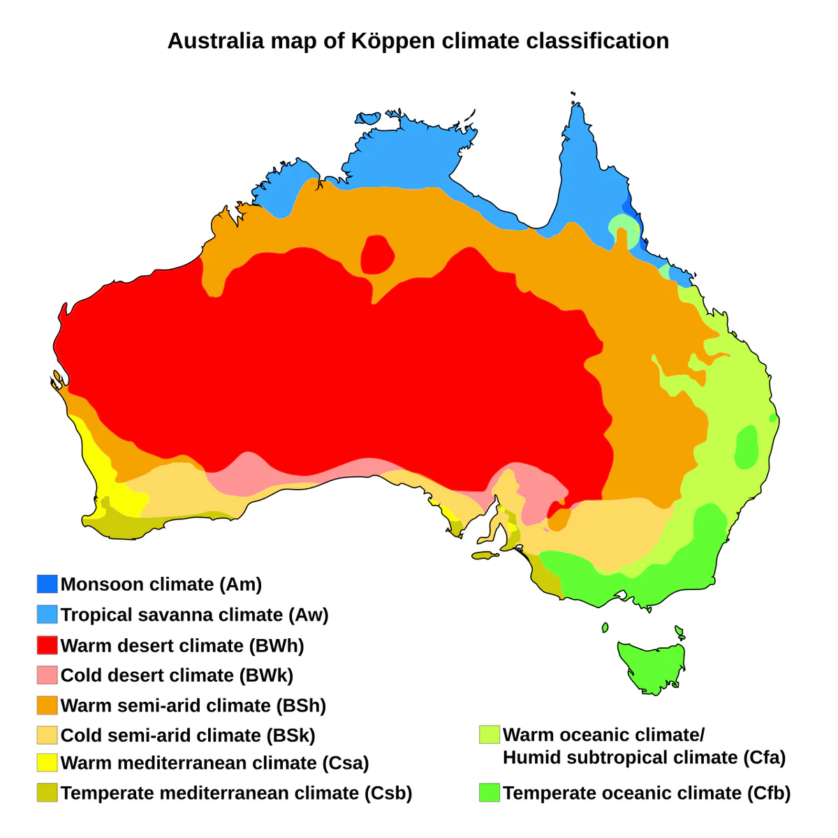 Mapa de Australia con clasificación climática de Köppen y leyenda de climas tropicales, áridos, semiáridos, mediterráneos y oceánicos