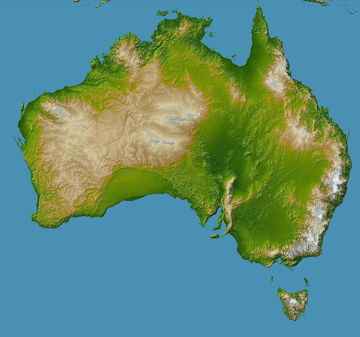 Mapa físico de Australia con relieve sombreado, mesetas, costas, Tasmania y cordilleras orientales