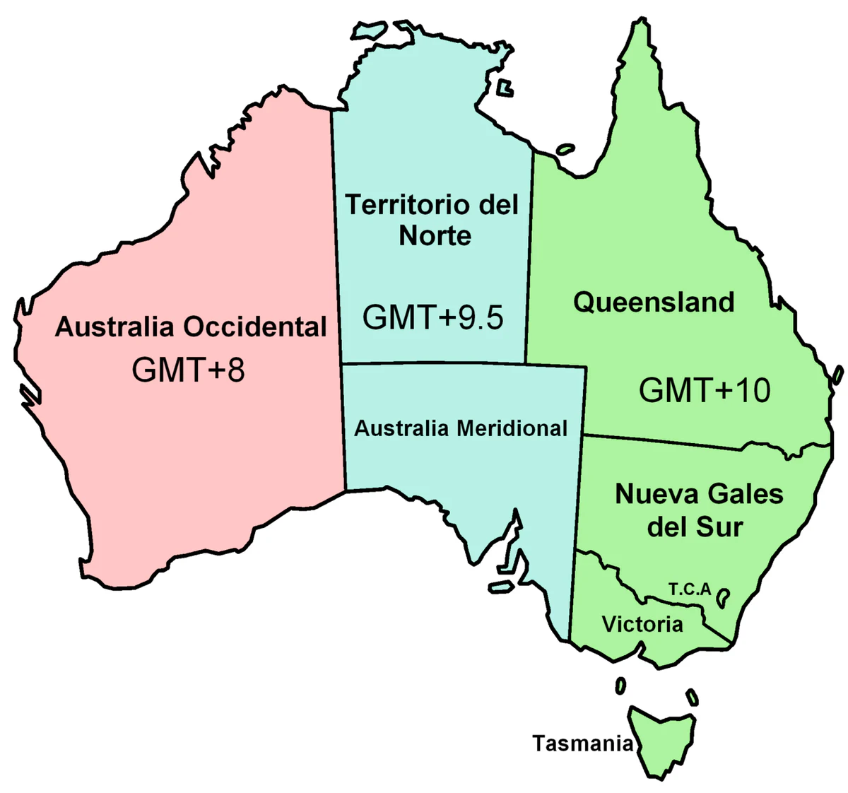 Mapa de husos horarios de Australia en español con Australia Occidental, Territorio del Norte, Australia Meridional, Queensland, Nueva Gales del Sur, Victoria y Tasmania