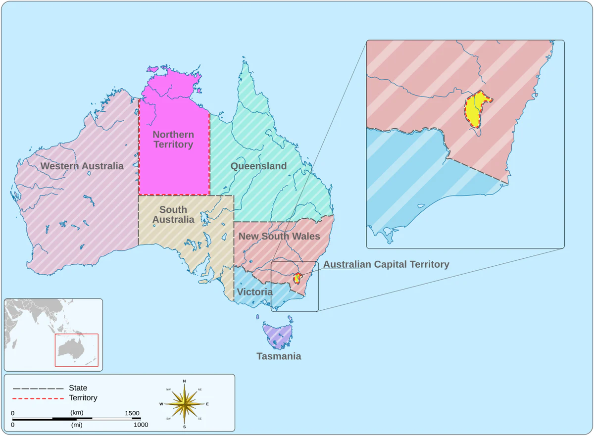 Mapa político de Australia con estados, territorios, Tasmania y detalle del Territorio de la Capital Australiana