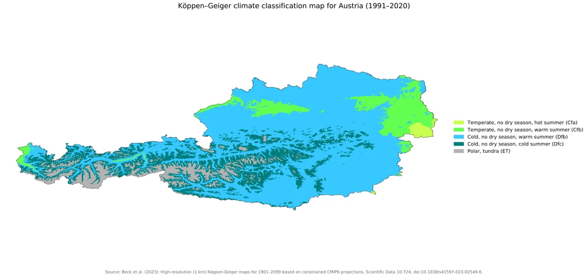 Mapa de Austria con clasificación climática Köppen-Geiger 1991-2020 y leyenda en inglés