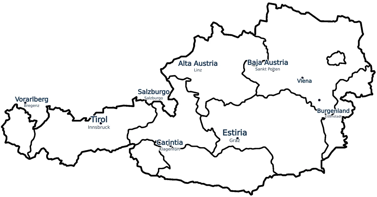 Mapa político de Austria en español con Vorarlberg, Tirol, Salzburgo, Carintia, Estiria, Alta Austria, Baja Austria, Viena y Burgenland