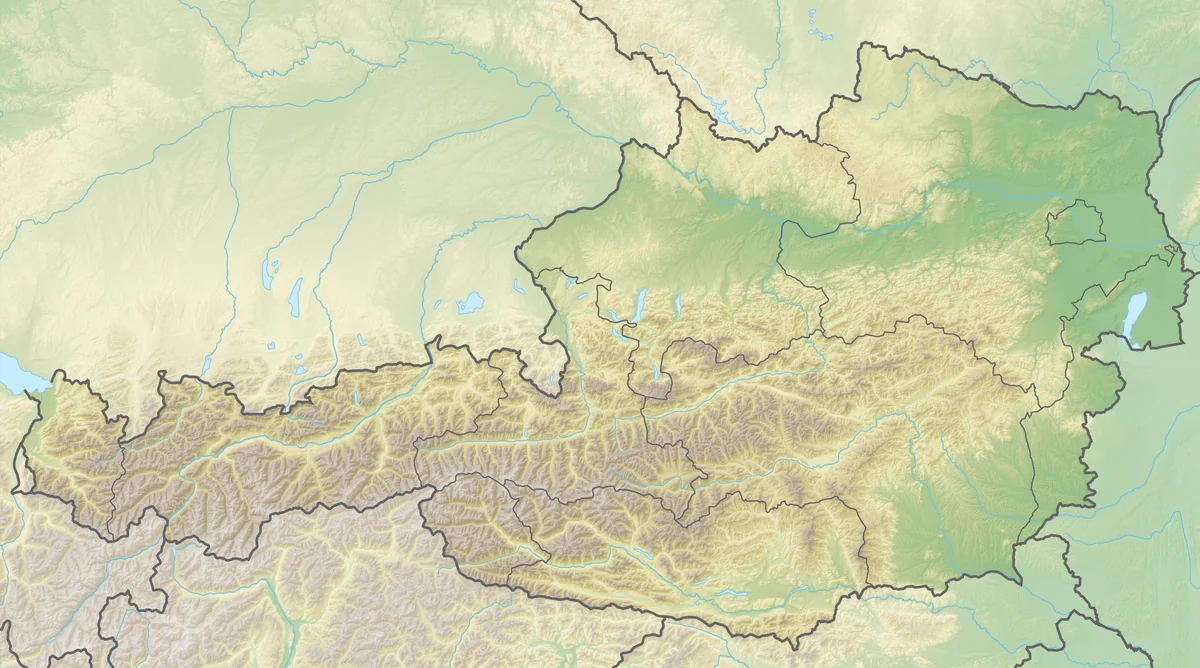 Mapa físico de Austria con relieve alpino, valles, ríos, lagos, fronteras y países vecinos