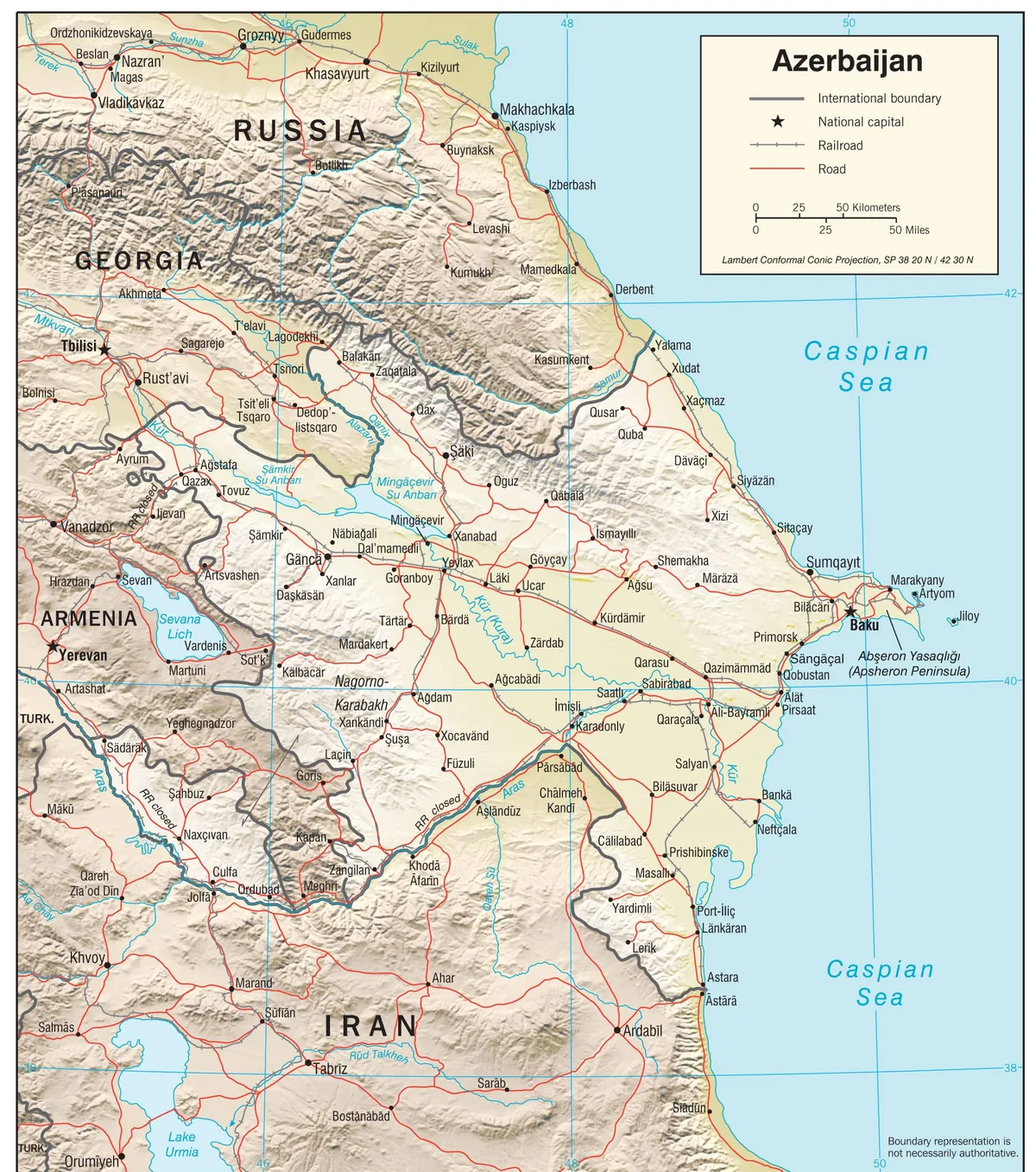 Mapa físico de Azerbaiyán con relieve del Gran Cáucaso, Pequeño Cáucaso, montes Talysh, mar Caspio, Kura, Aras, Bakú y Najicheván