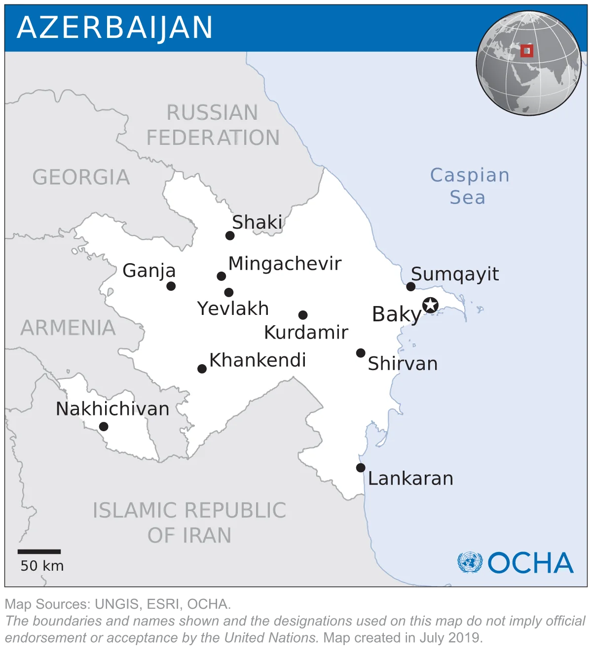 Mapa de localización de Azerbaiyán con Bakú, Najicheván, el mar Caspio, Armenia, Georgia, Rusia, Irán y Turquía