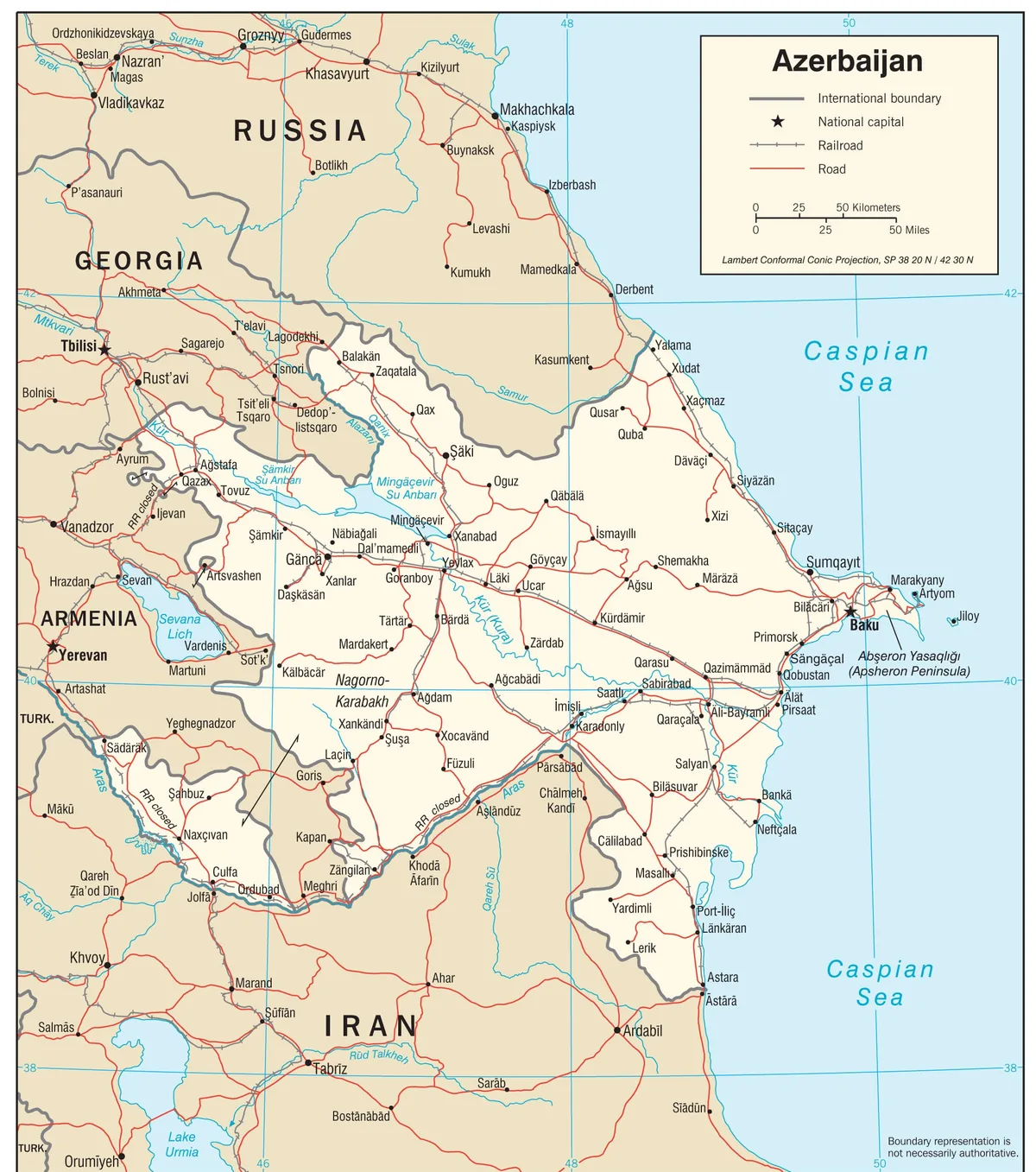 Mapa de transporte de Azerbaiyán con carreteras, ferrocarril, Bakú, Sumqayit, Ganja, Lankaran, Najicheván y el mar Caspio