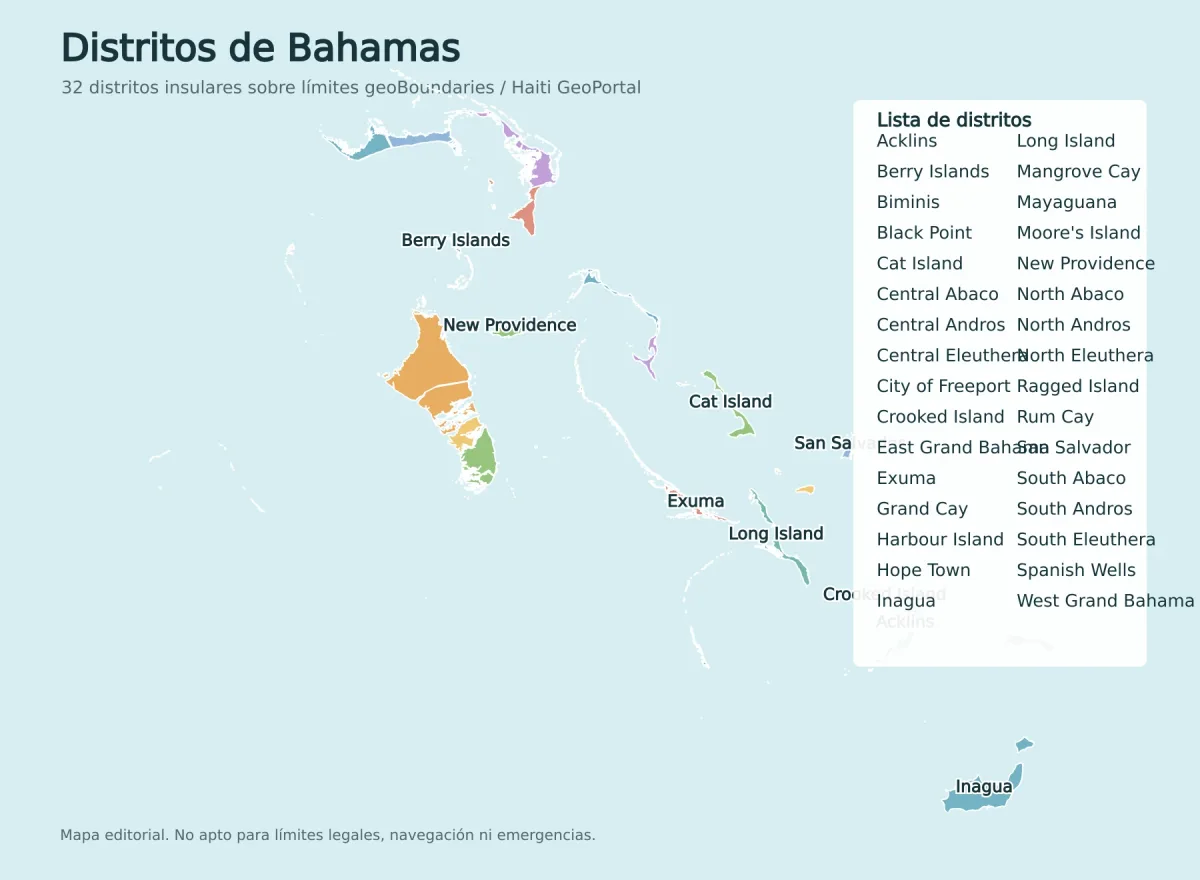 Mapa de Bahamas con sus 32 distritos, entre ellos Grand Bahama, New Providence, Abaco, Andros, Exuma, Eleuthera, Bimini, Inagua, Acklins y Long Island