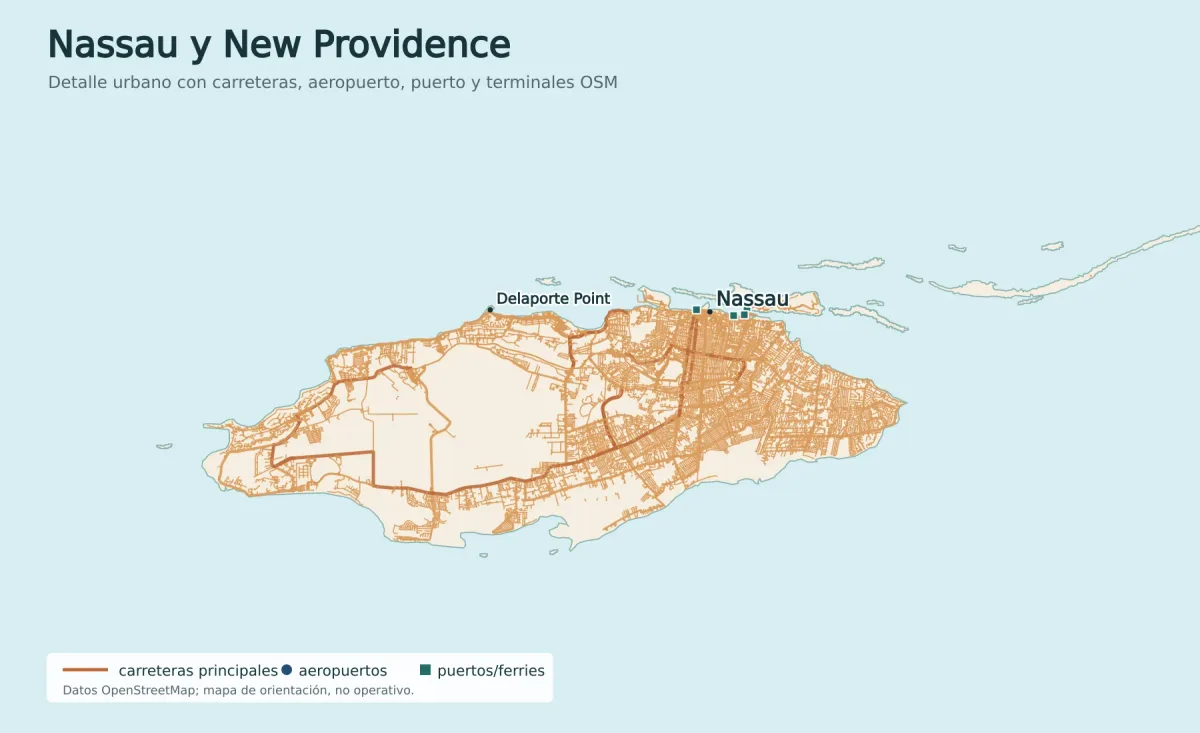 Mapa de Nassau y New Providence con red vial, Nassau, Delaporte Point, aeropuerto Lynden Pindling, puerto y terminales