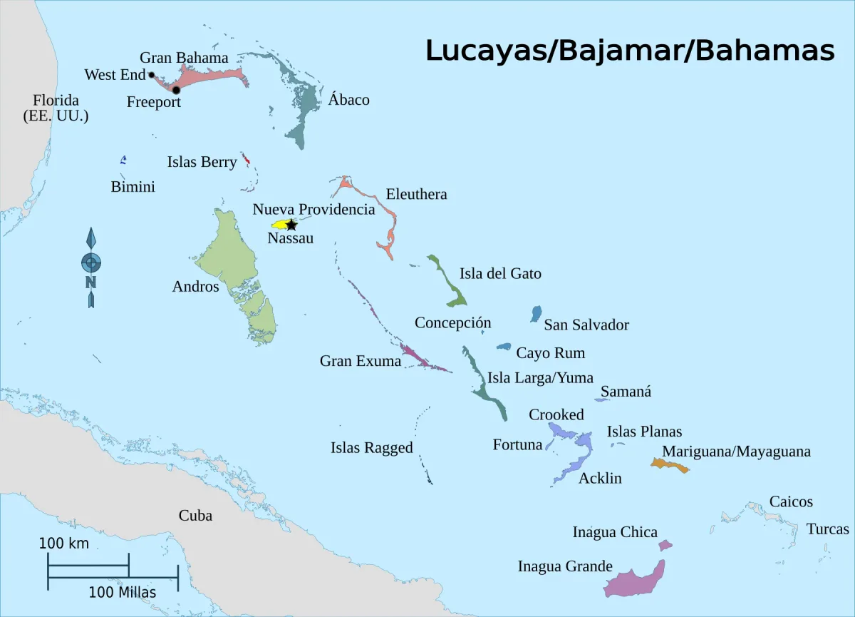 Mapa regional de Bahamas en español con Gran Bahama, Ábaco, Bimini, Andros, Nueva Providencia, Eleuthera, Exuma, Long Island, San Salvador, Inagua y Cuba