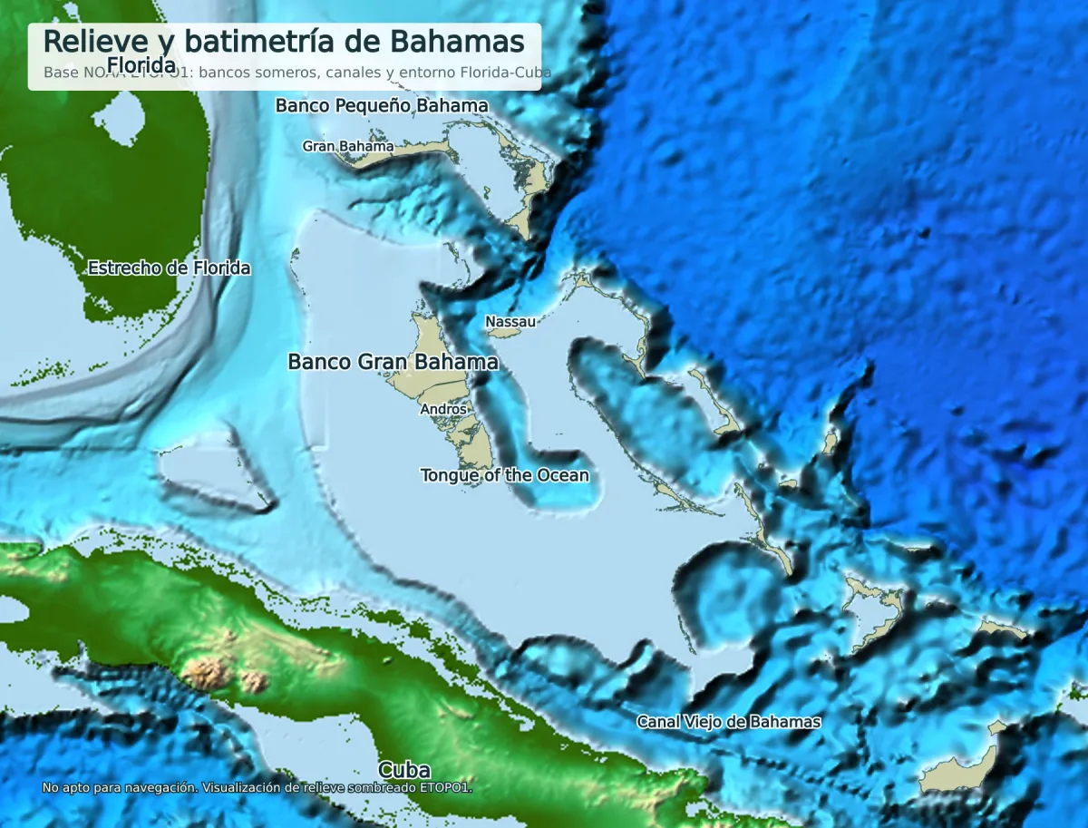 Mapa de relieve y batimetría de Bahamas con Banco Gran Bahama, Banco Pequeño Bahama, Tongue of the Ocean, Estrecho de Florida, Cuba y Florida