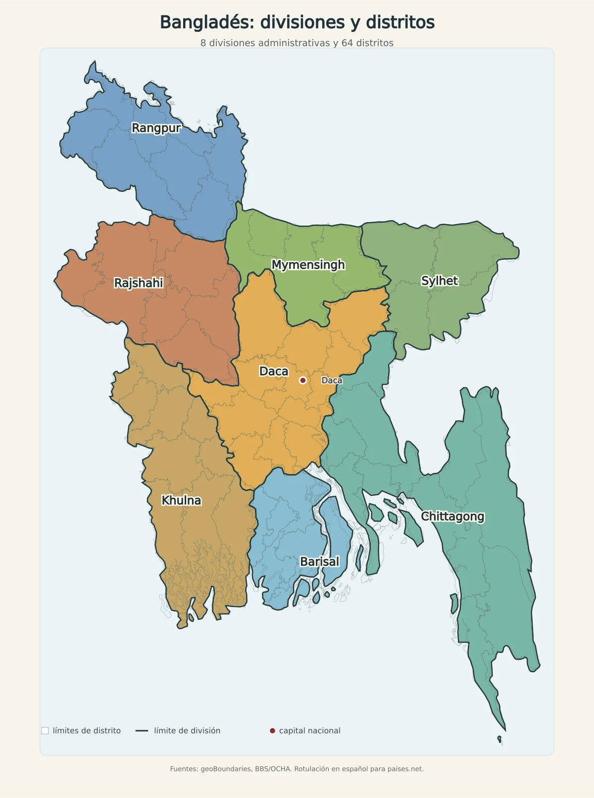 Mapa administrativo de Bangladés con 8 divisiones coloreadas, límites de 64 distritos y capital nacional Daca