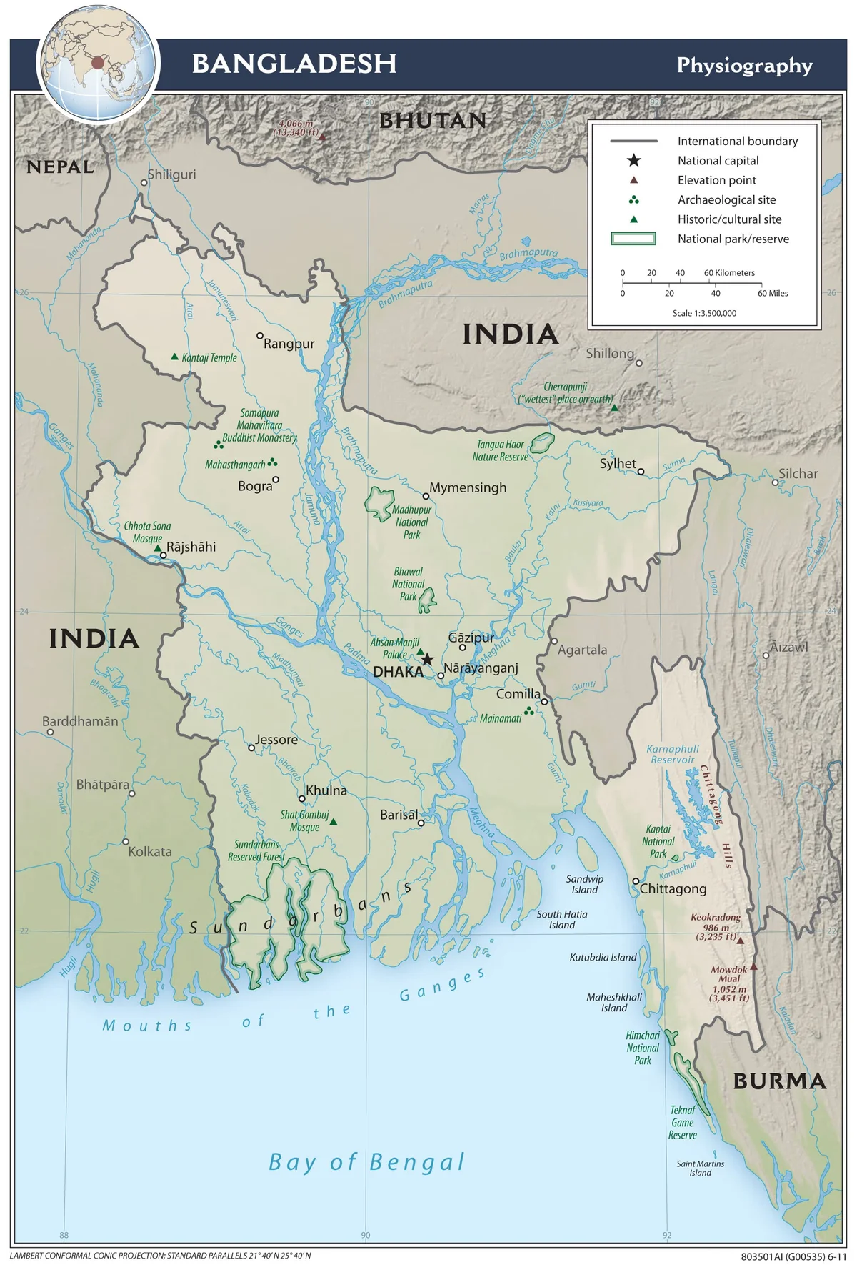 Mapa fisiográfico de Bangladés con relieve, ríos, Sundarbans, colinas de Chittagong, Daca y bahía de Bengala