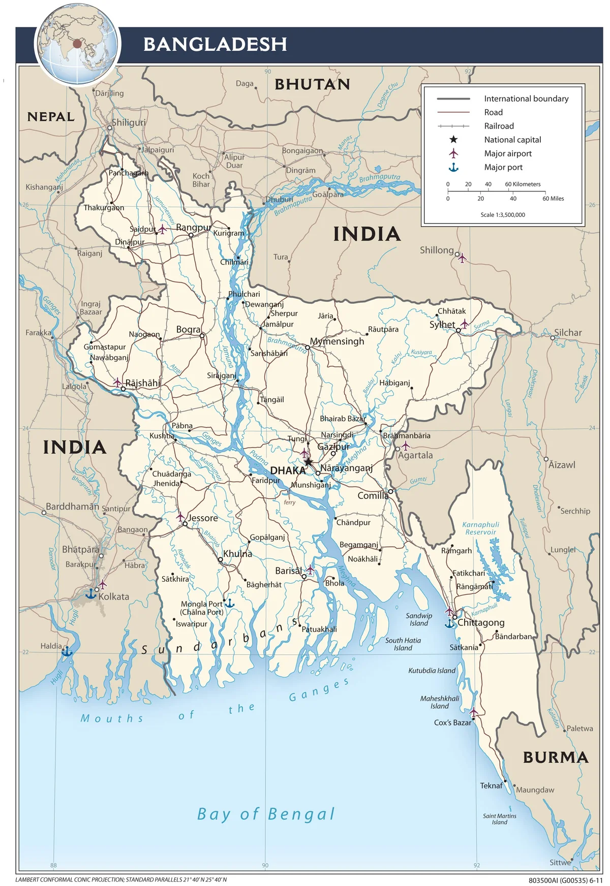 Mapa de transporte de Bangladés con carreteras, ferrocarriles, aeropuertos, puertos, Daca, Chittagong, Khulna, Rajshahi y Sylhet