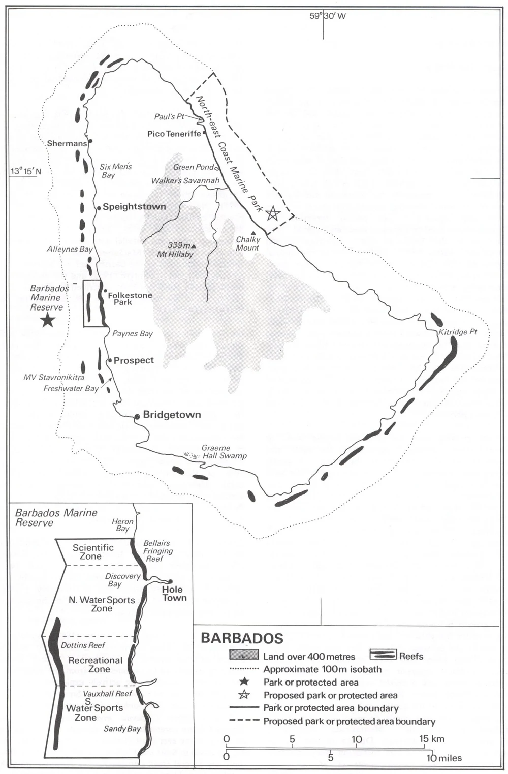 Mapa NOAA de arrecifes costeros de Barbados con Barbados Marine Reserve, North-east Coast Marine Park, Folkestone Park, Bridgetown, Speightstown y Mount Hillaby