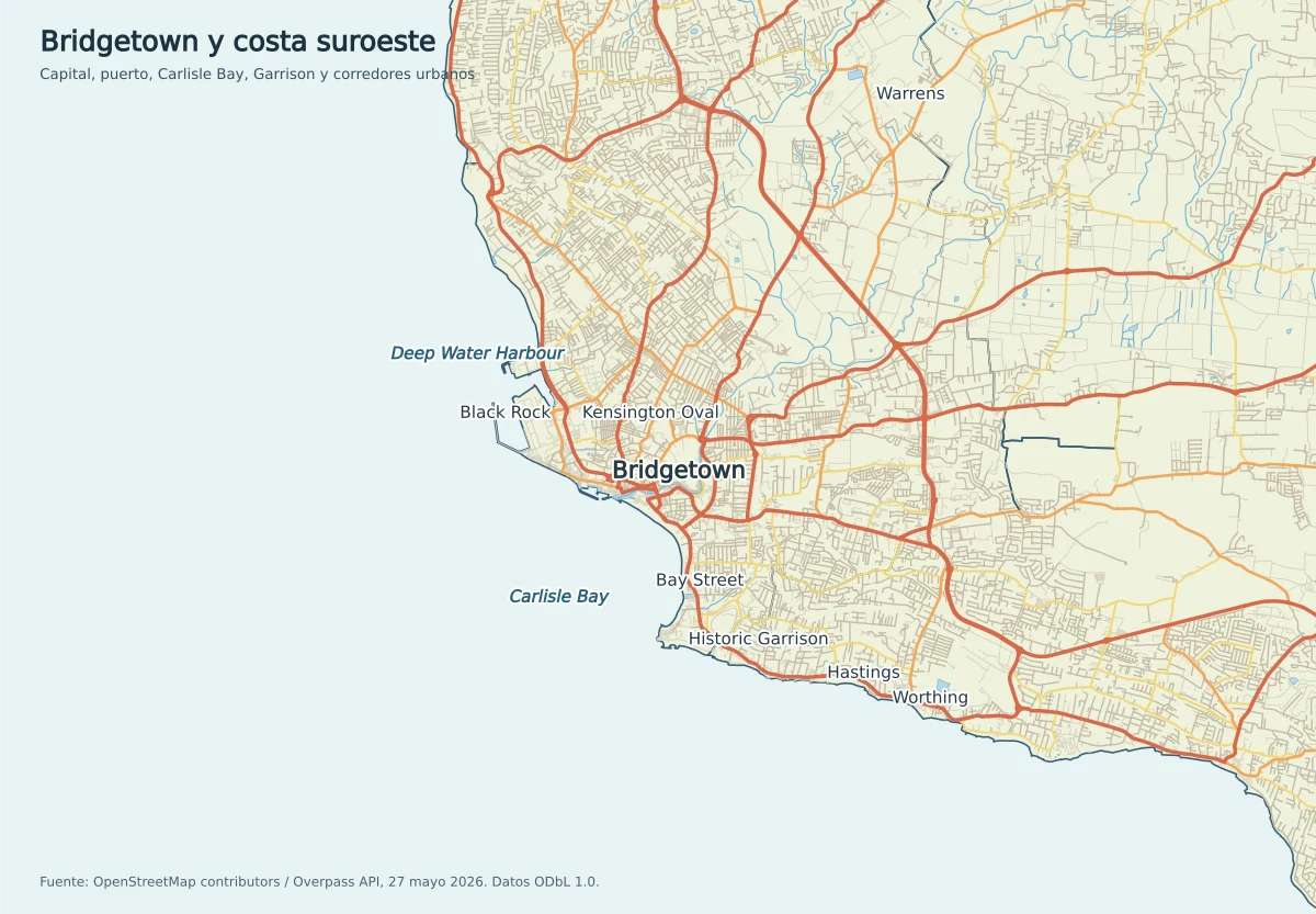 Mapa de Bridgetown y la costa suroeste de Barbados con Deep Water Harbour, Carlisle Bay, Kensington Oval, Historic Garrison, Hastings, Worthing, Black Rock y Warrens